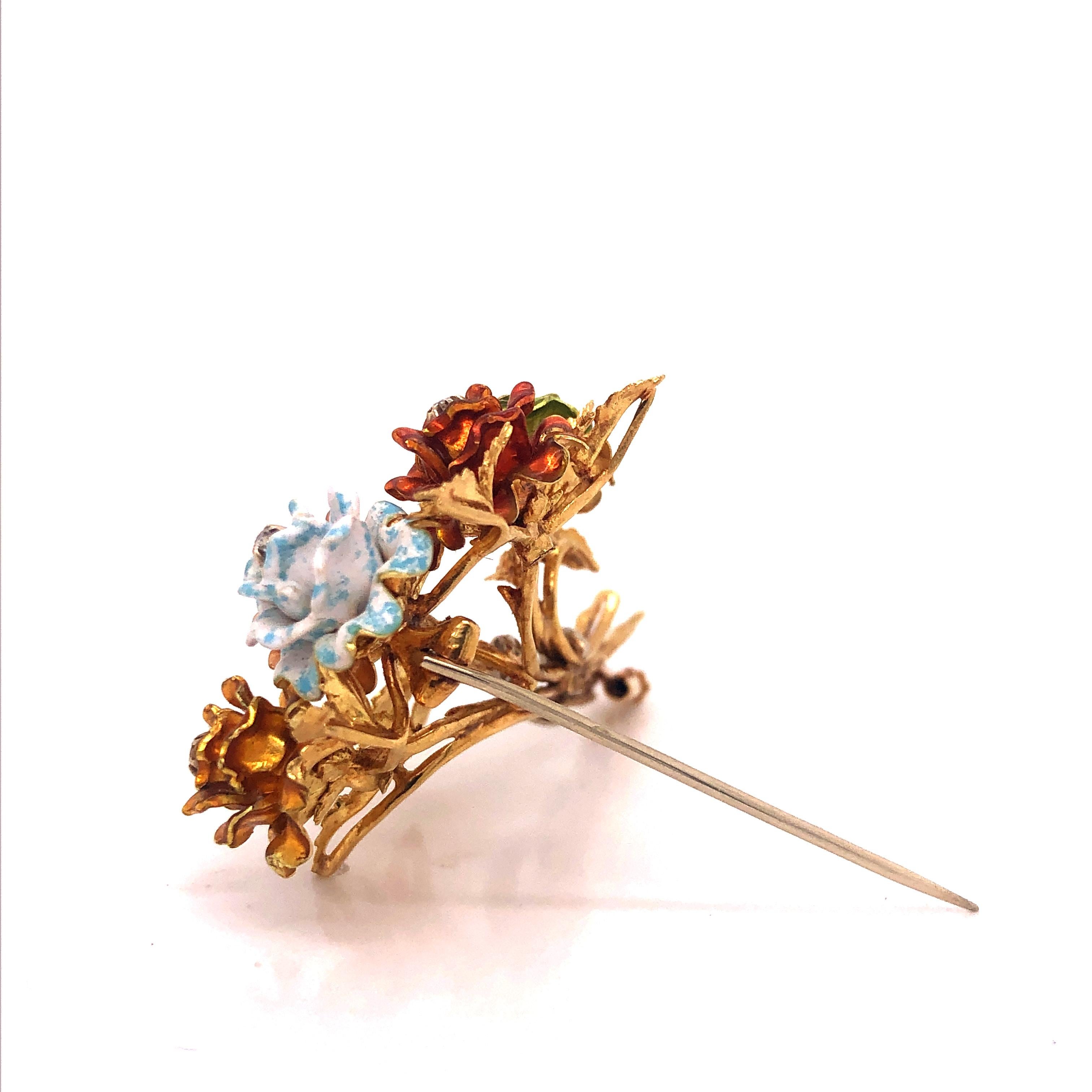 Retro Enamel and Diamond Flower Brooch 18 Karat Yellow Gold