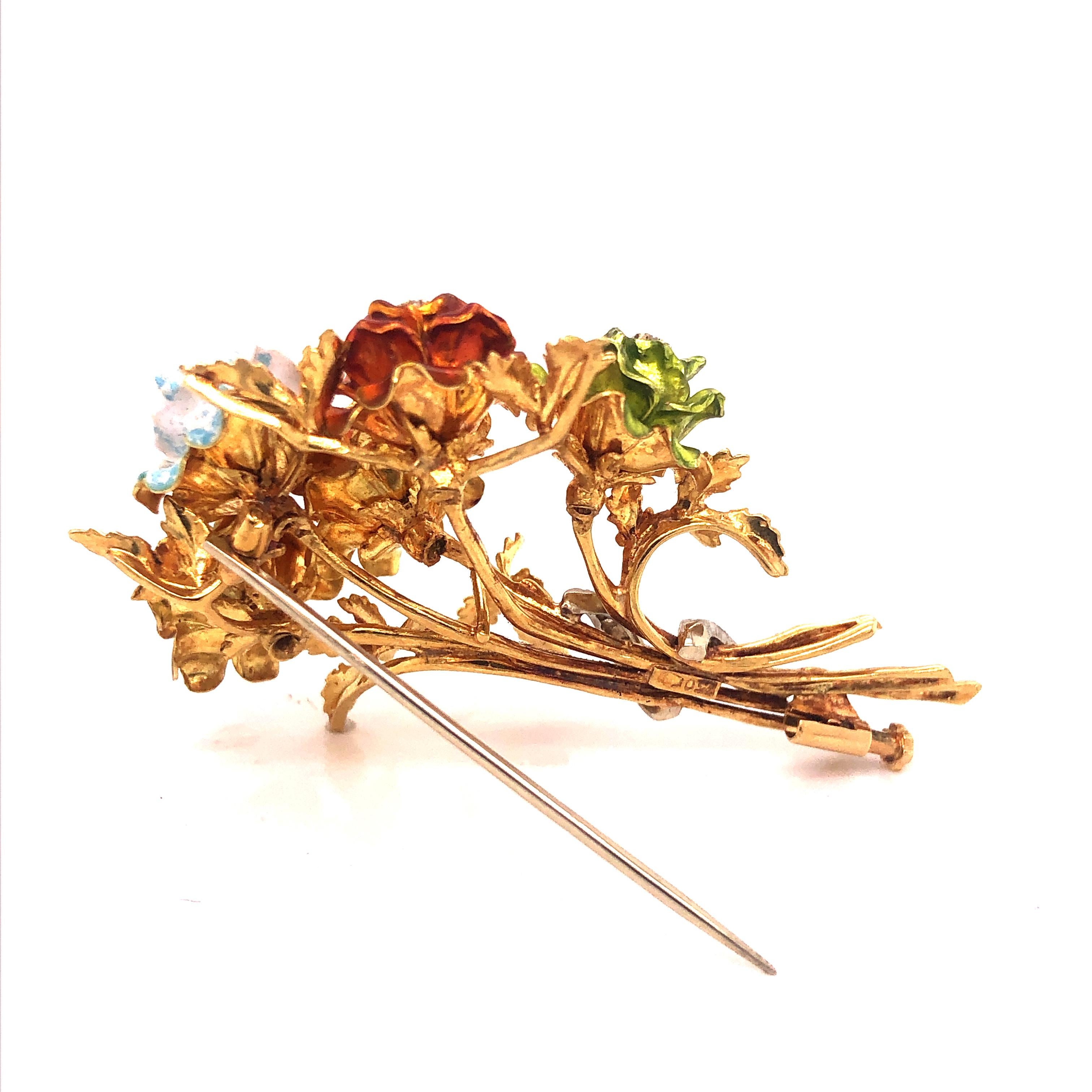 Single Cut Enamel and Diamond Flower Brooch 18 Karat Yellow Gold