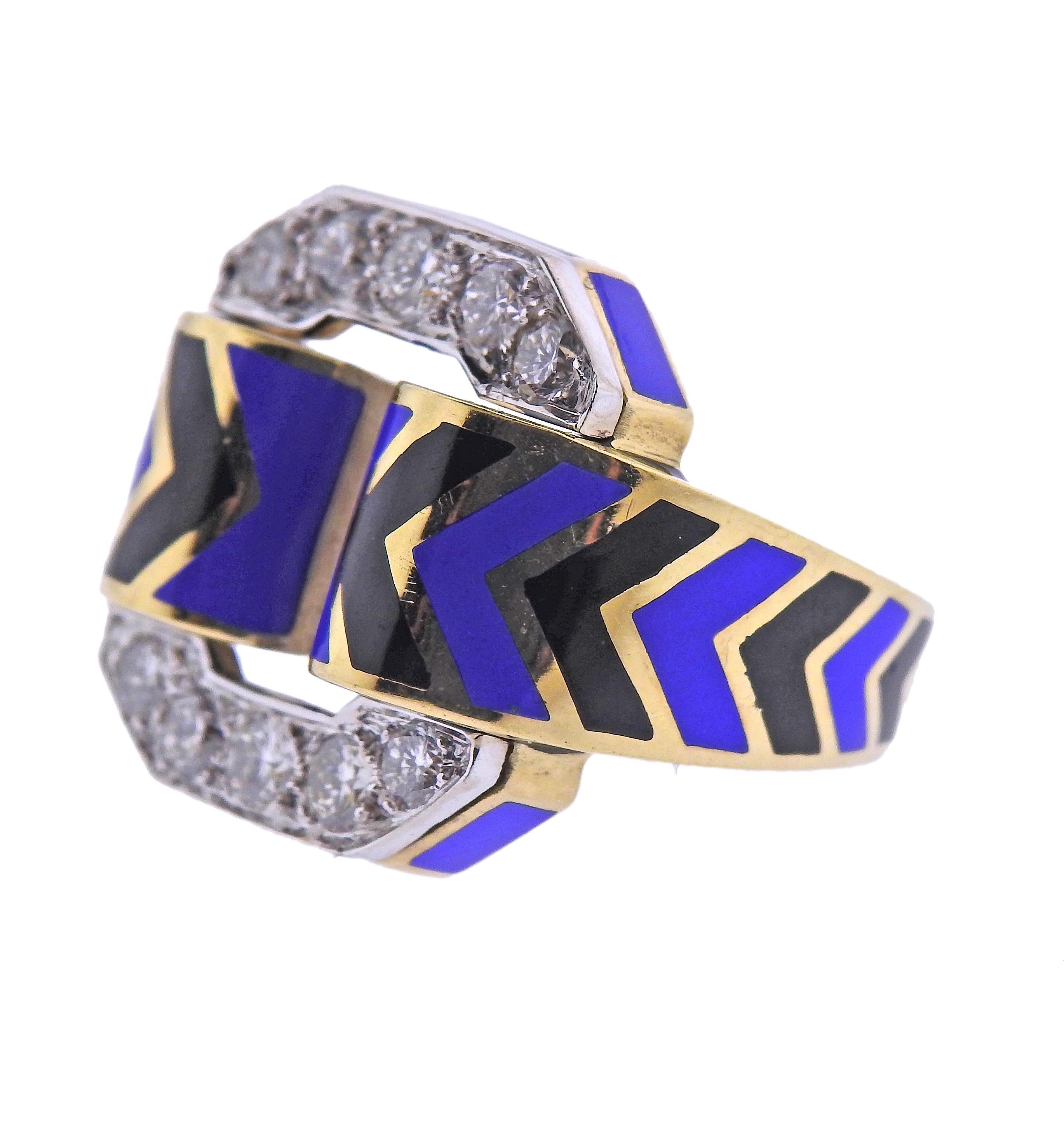 18k gold ring, with blue and black enamel, set with approx. 1.00ctw in diamonds.  Ring size - 5.25, ring top - 21mm x 25mm. Weight of the piece - 18.7 grams. 