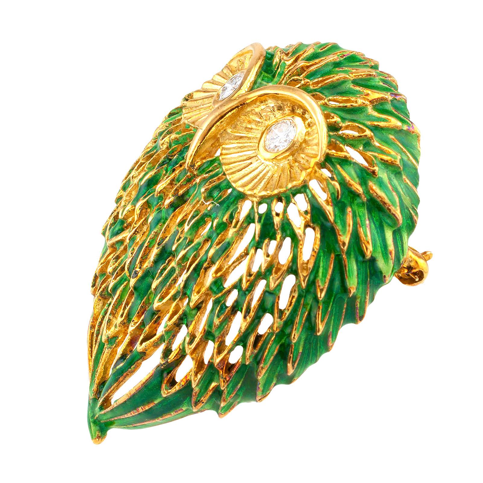 Enamel and diamond  gold Owl brooch circa 1970.

DETAILS:
DIAMONDS: two round brilliant-cut diamonds totaling approximately 0.25 carat, approximately G color, VS clarity.
METAL: 18-karat yellow gold with green enamel.
MEASUREMENTS: approximately