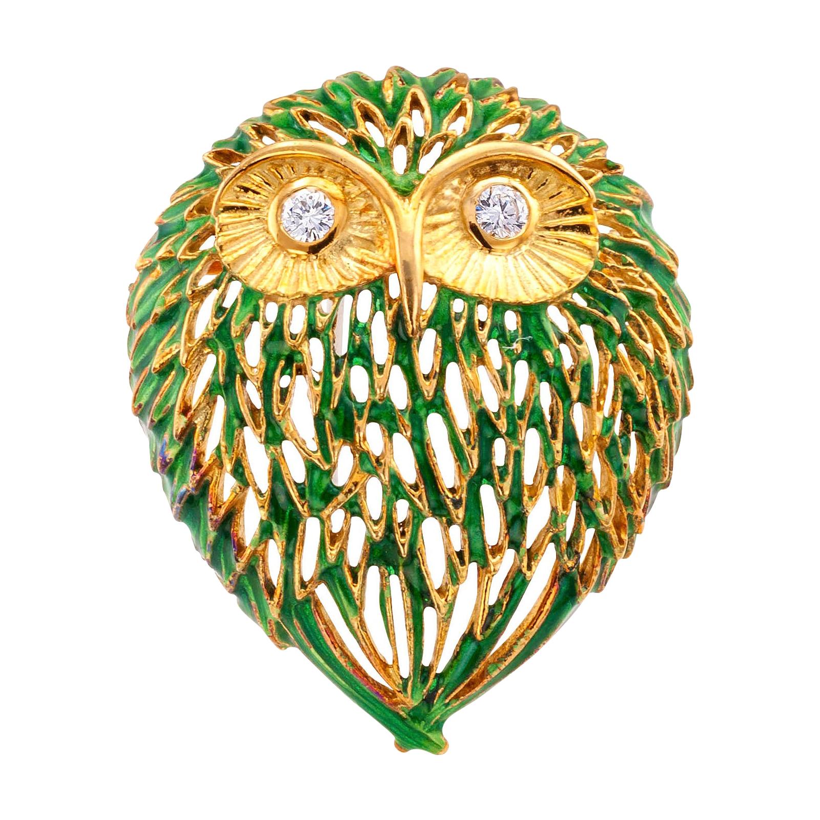 Enamel Diamond Gold Owl Brooch