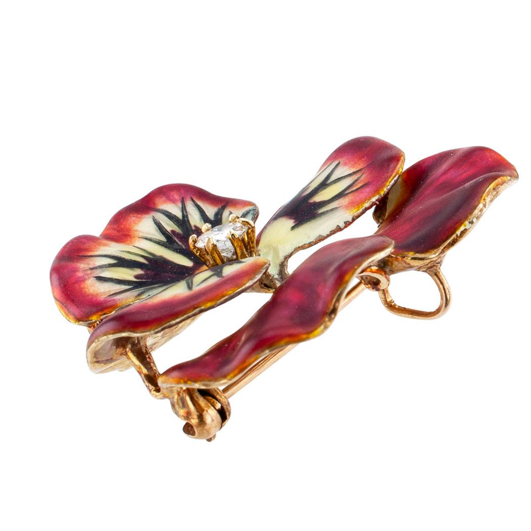 Art Nouveau Enamel Diamond Gold Pansy Brooch Pendant