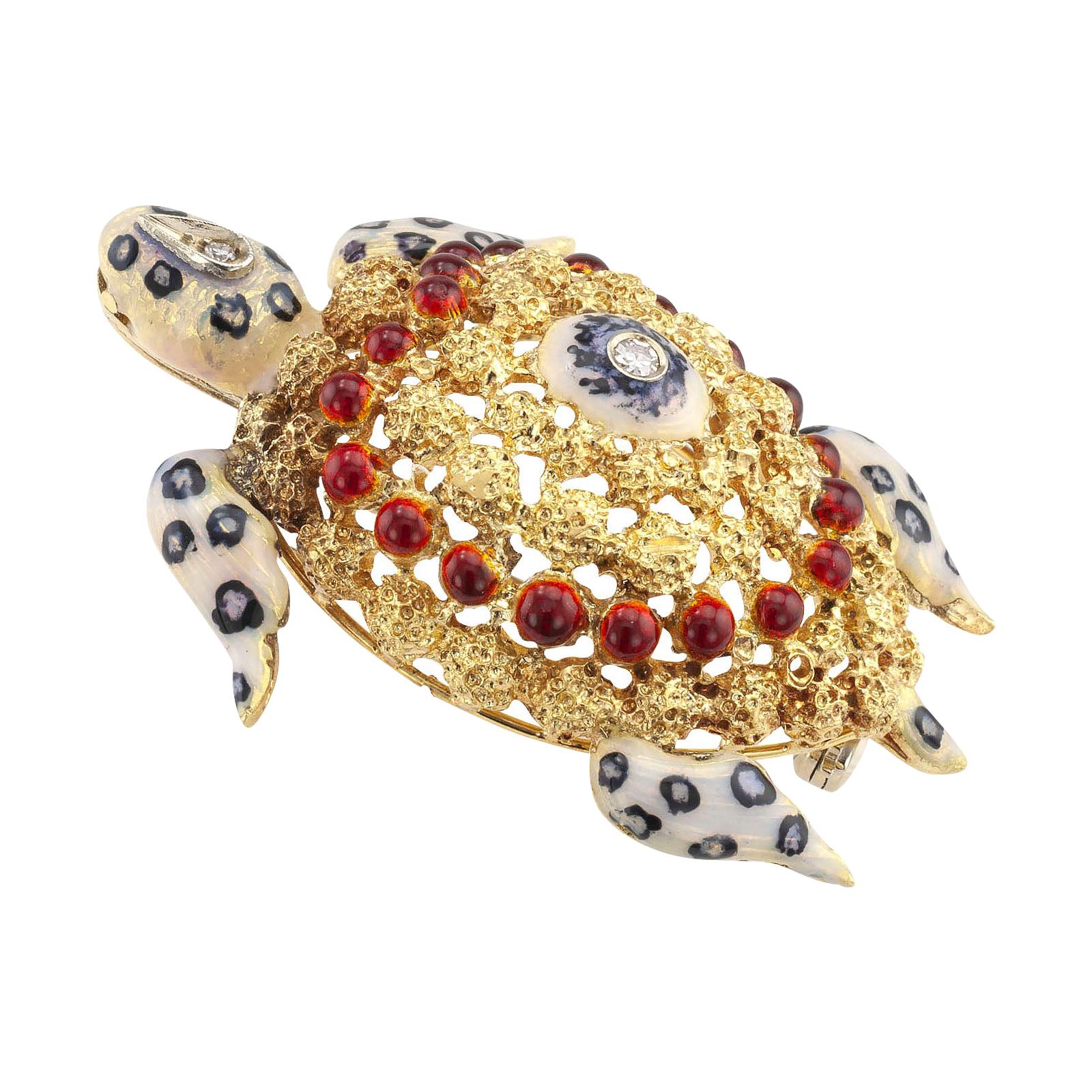 Enamel Diamond Yellow Gold Sea Turtle Brooch