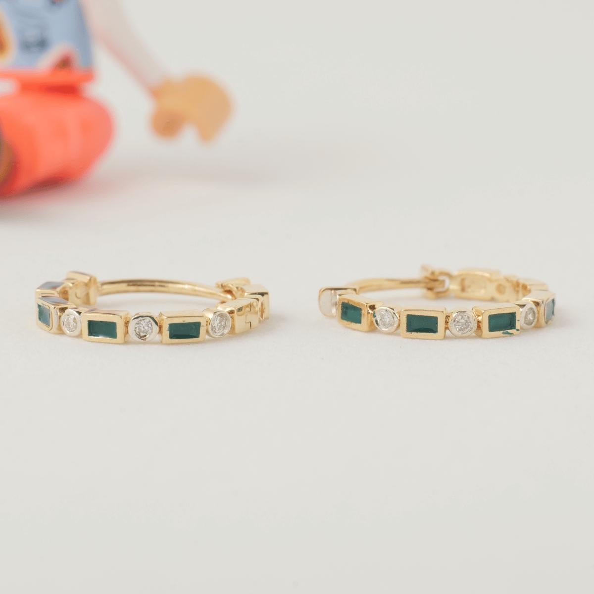Art Deco Enamel Diamond Hoops in 14k Solid Gold (Certified) For Sale