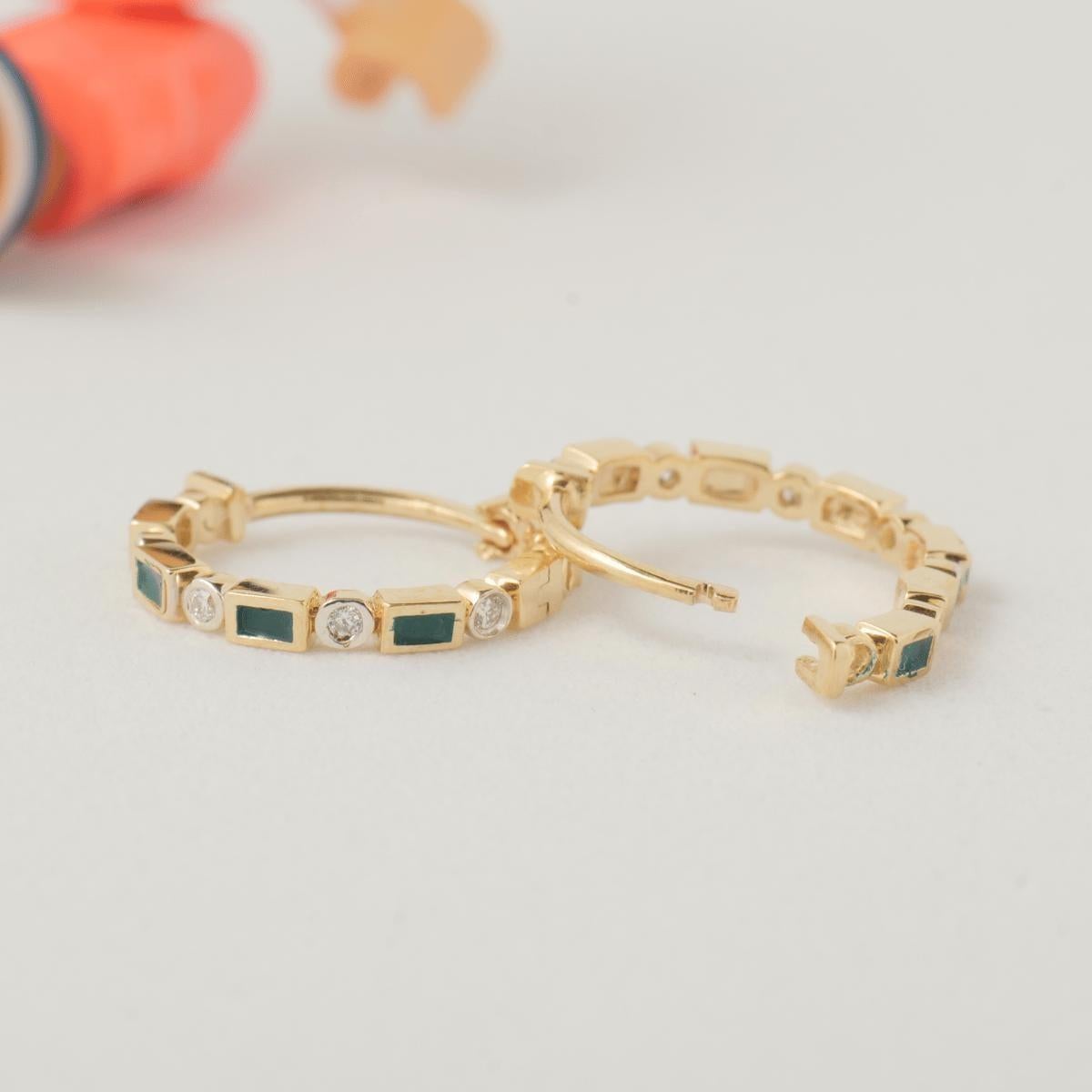 Enamel Diamond Hoops in 14k Solid Gold (Certified) In New Condition For Sale In New Delhi, DL