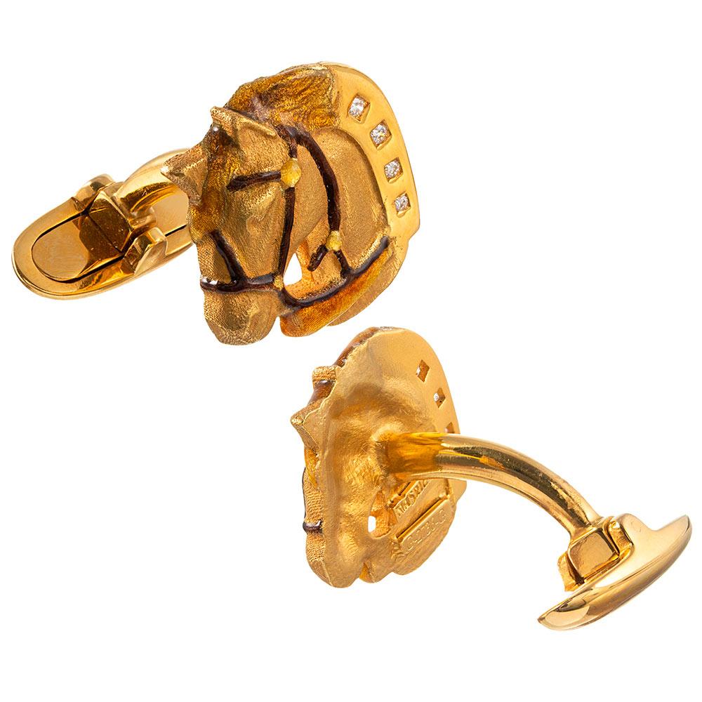 Men's Masriera Enamel and Diamond Gold Horse Motif Cufflinks