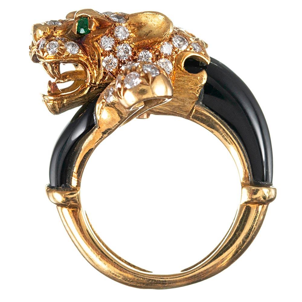 Women's or Men's Enamel and Diamond Lion Ring with Emerald Eyes