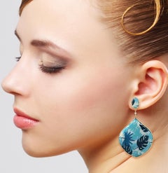 Enamel Diamond Mother of Pearl 18 Karat Gold Palm Leaf Earrings