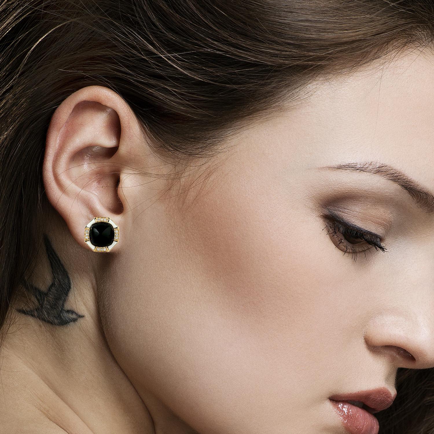 Handcrafted from 14-karat gold, these beautiful enamel stud earrings are set with 10.7 carats onyx and .32 carats of sparkling diamonds.

FOLLOW  MEGHNA JEWELS storefront to view the latest collection & exclusive pieces.  Meghna Jewels is proudly