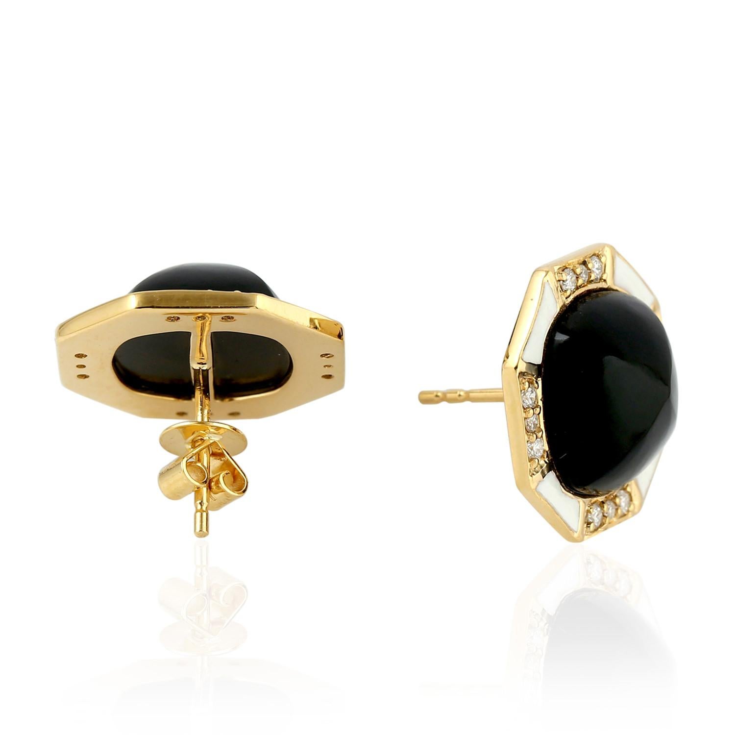 Modern Enamel Diamond Onyx 18 Karat Gold Stud Earrings For Sale