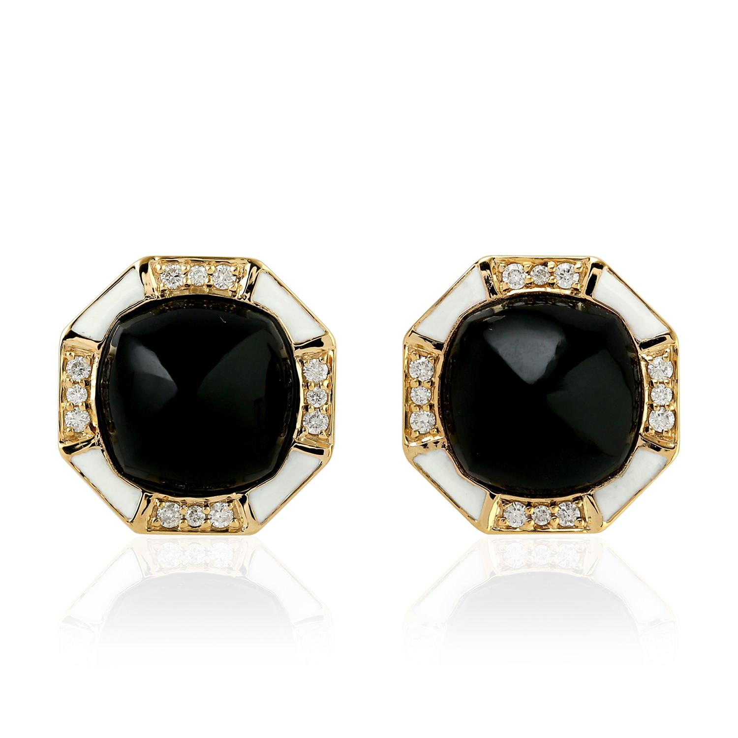 Octagon Cut Enamel Diamond Onyx 18 Karat Gold Stud Earrings For Sale