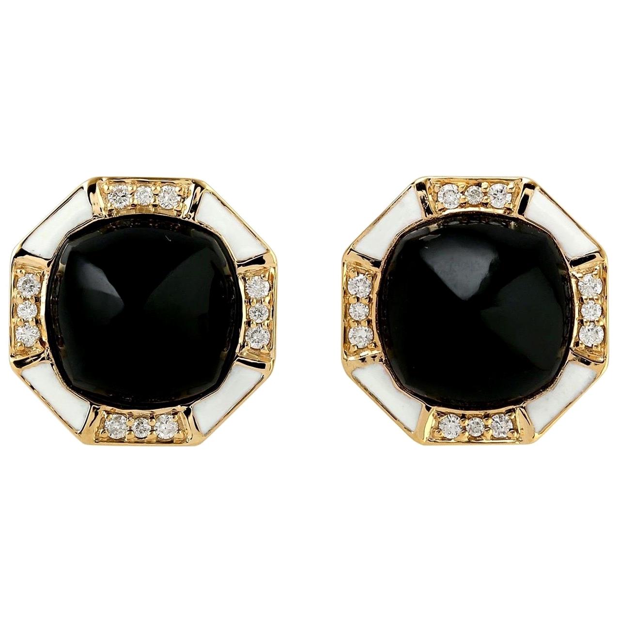 Enamel Diamond Onyx 18 Karat Gold Stud Earrings For Sale