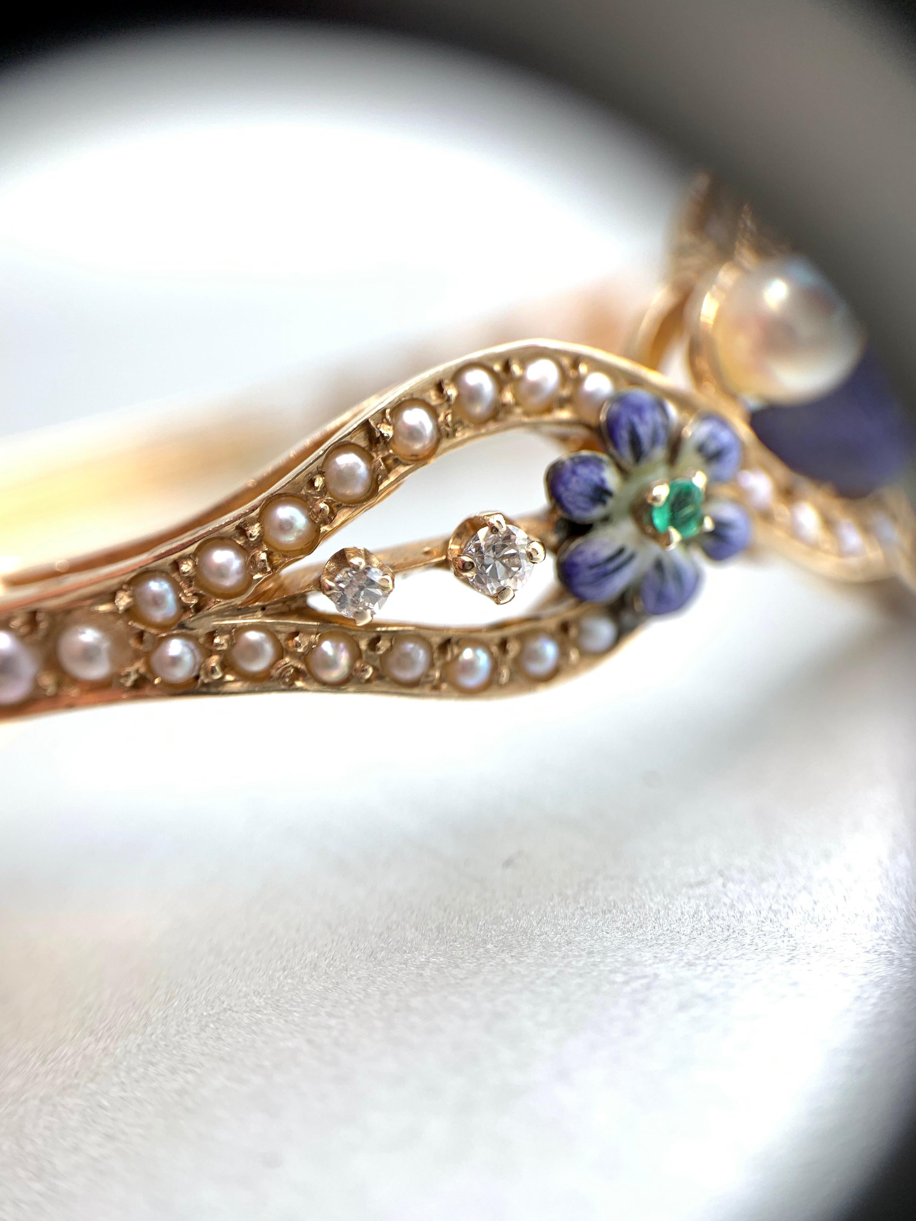 Enamel, Diamond, Pearl and Emerald Floral Bangle Bracelet 5