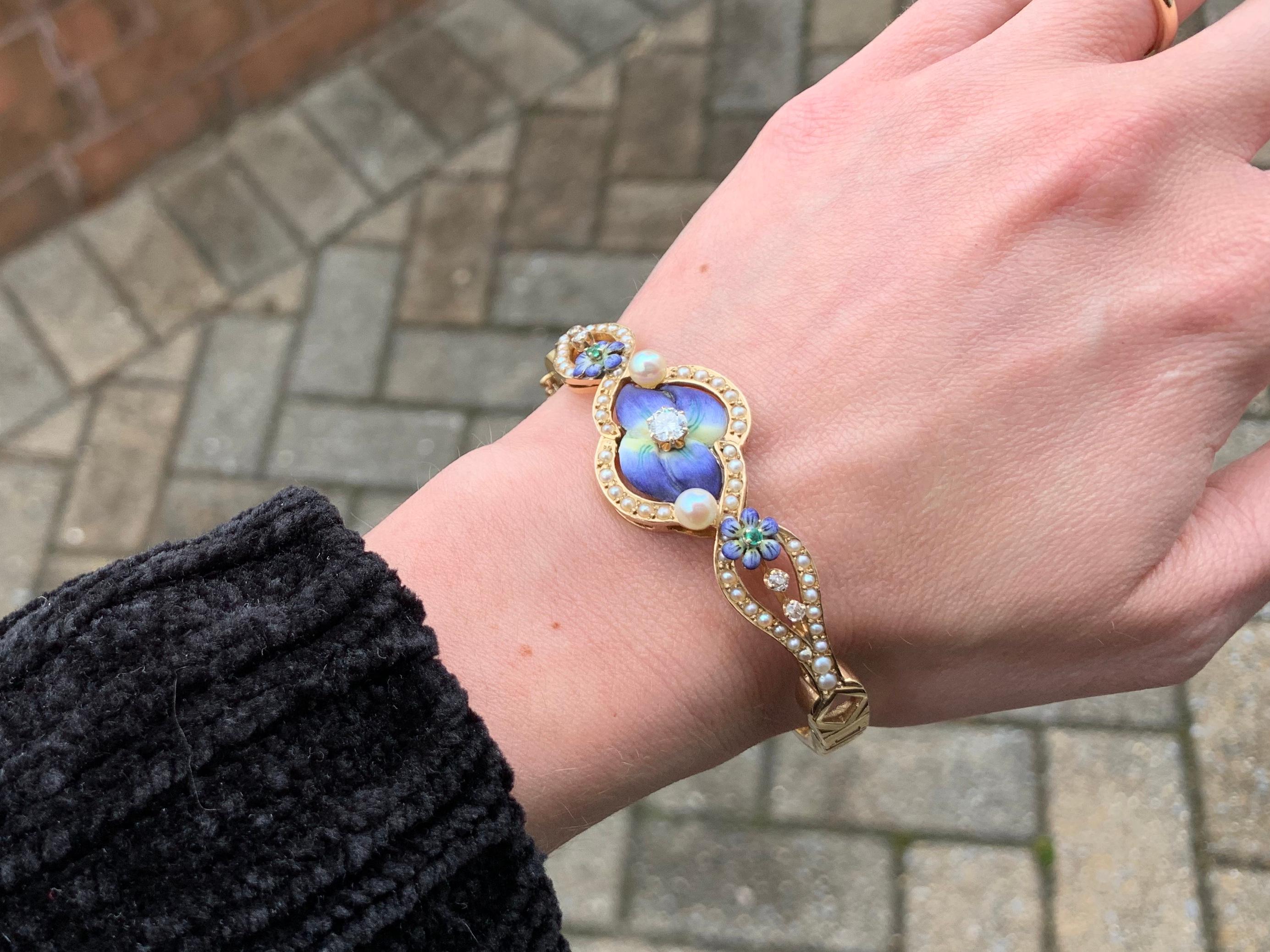 Enamel, Diamond, Pearl and Emerald Floral Bangle Bracelet In Good Condition In Pikesville, MD