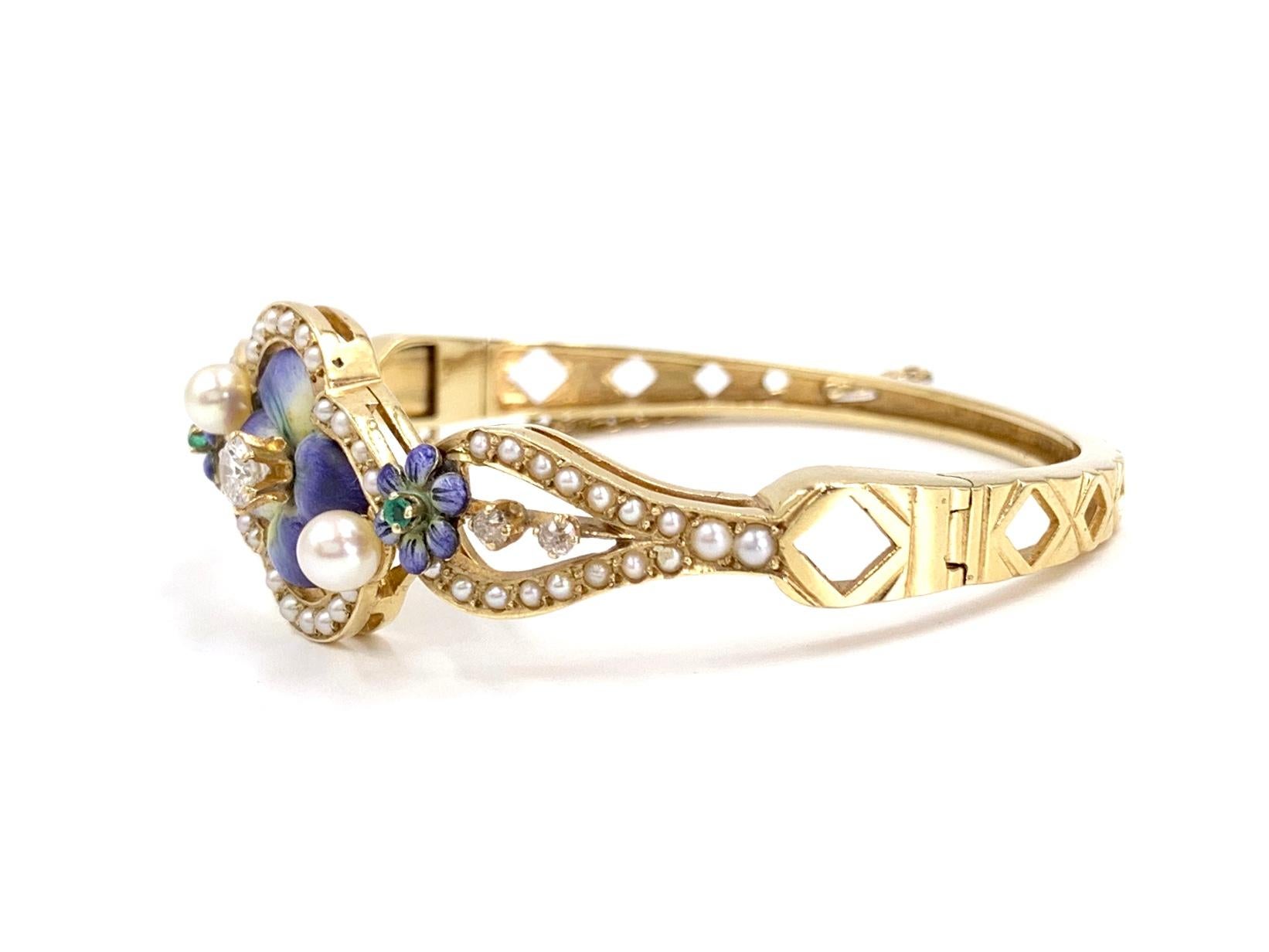 Round Cut Enamel, Diamond, Pearl and Emerald Floral Bangle Bracelet