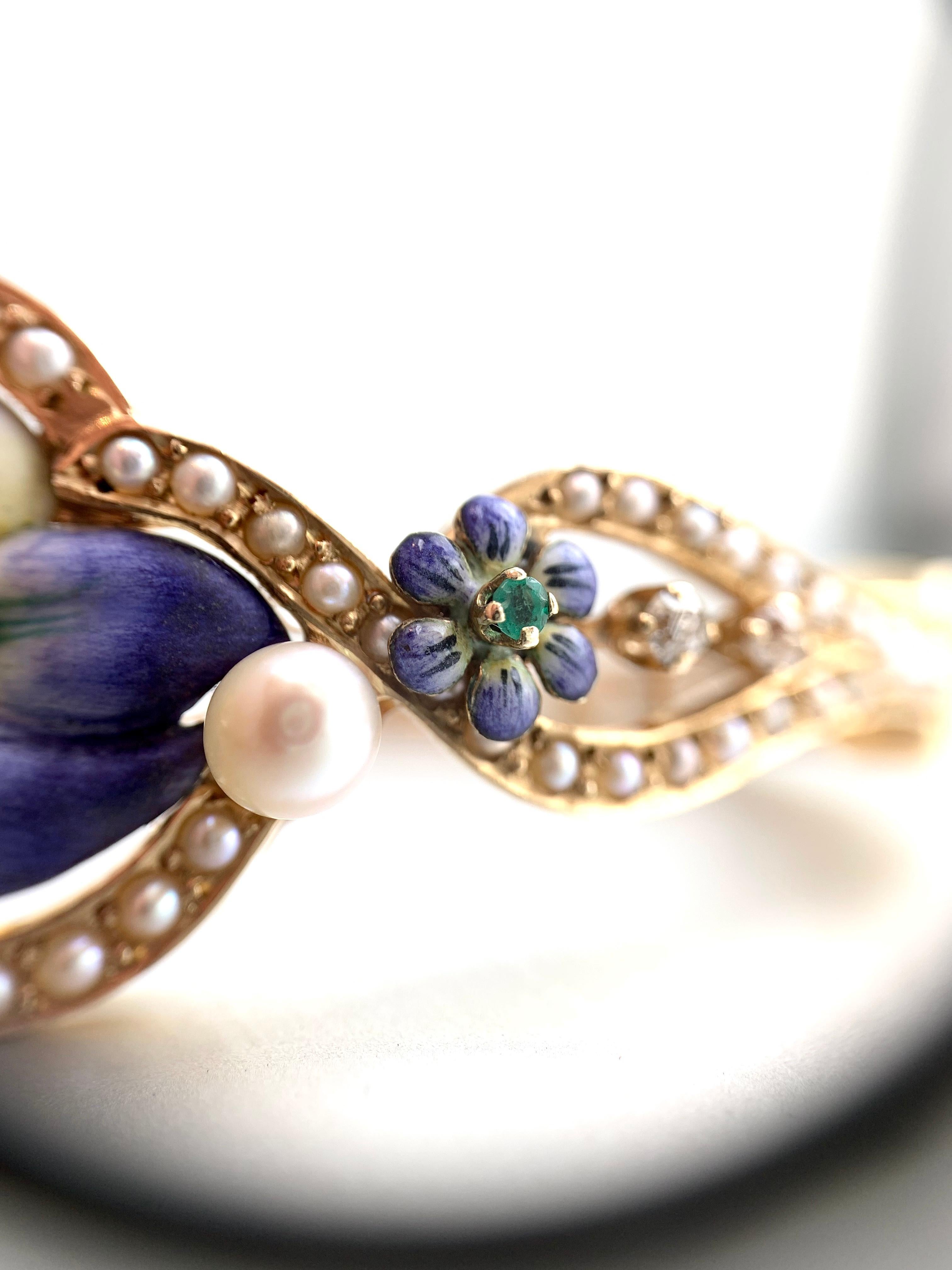 Enamel, Diamond, Pearl and Emerald Floral Bangle Bracelet 3