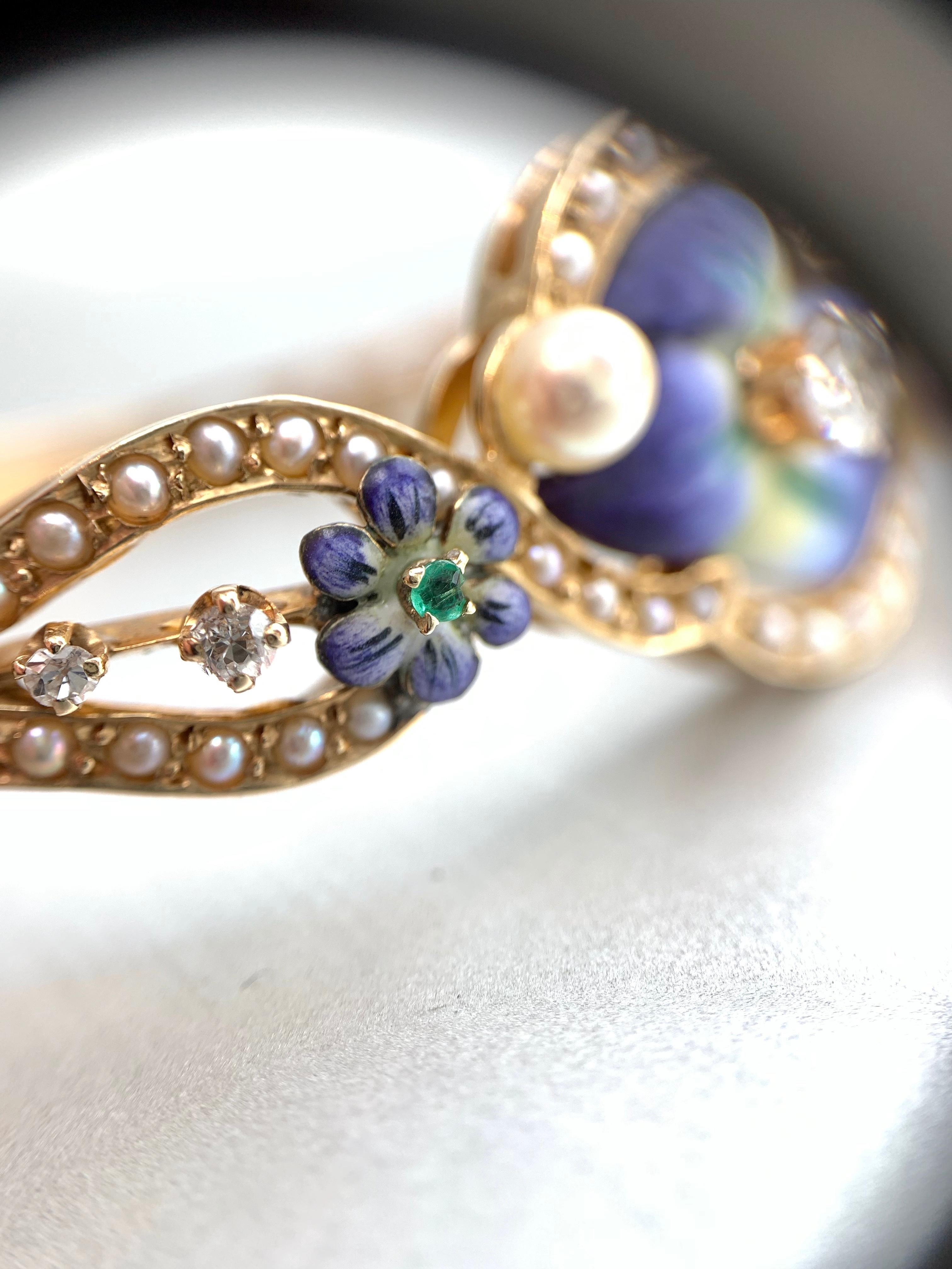 Enamel, Diamond, Pearl and Emerald Floral Bangle Bracelet 4