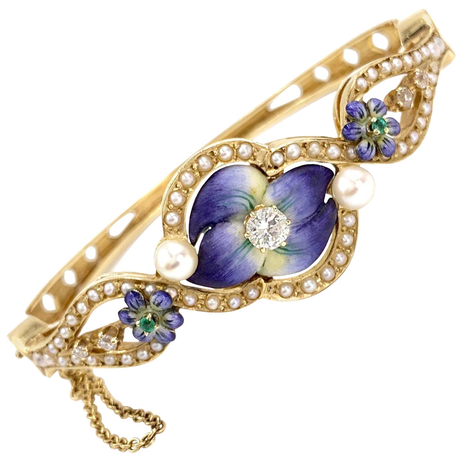 Enamel, Diamond, Pearl and Emerald Floral Bangle Bracelet