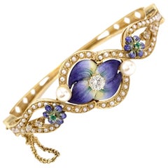 Enamel, Diamond, Pearl and Emerald Floral Bangle Bracelet