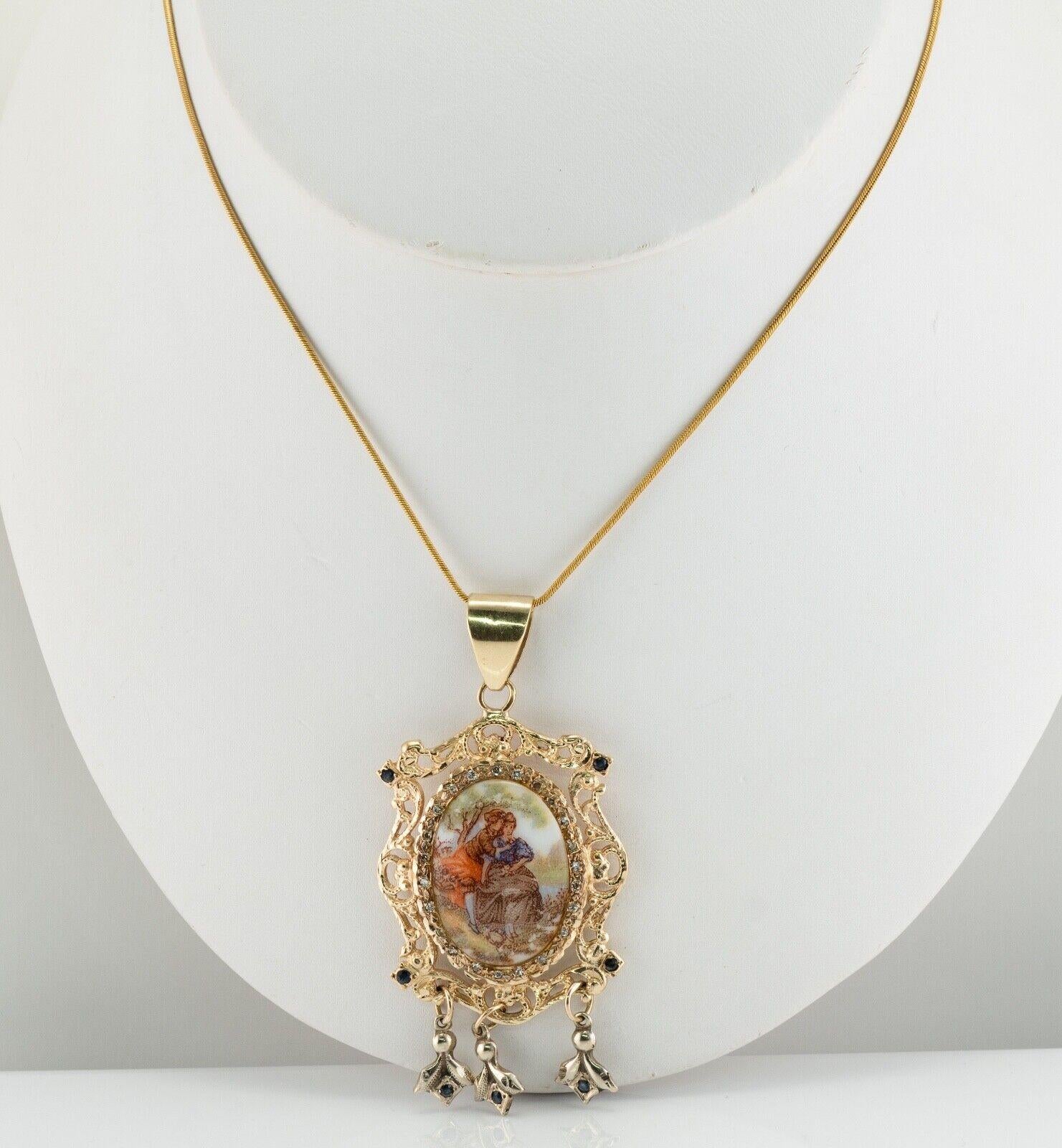 Colgante Camafeo Esmalte Diamante Zafiro Oro 14K Vintage Corte redondo en venta