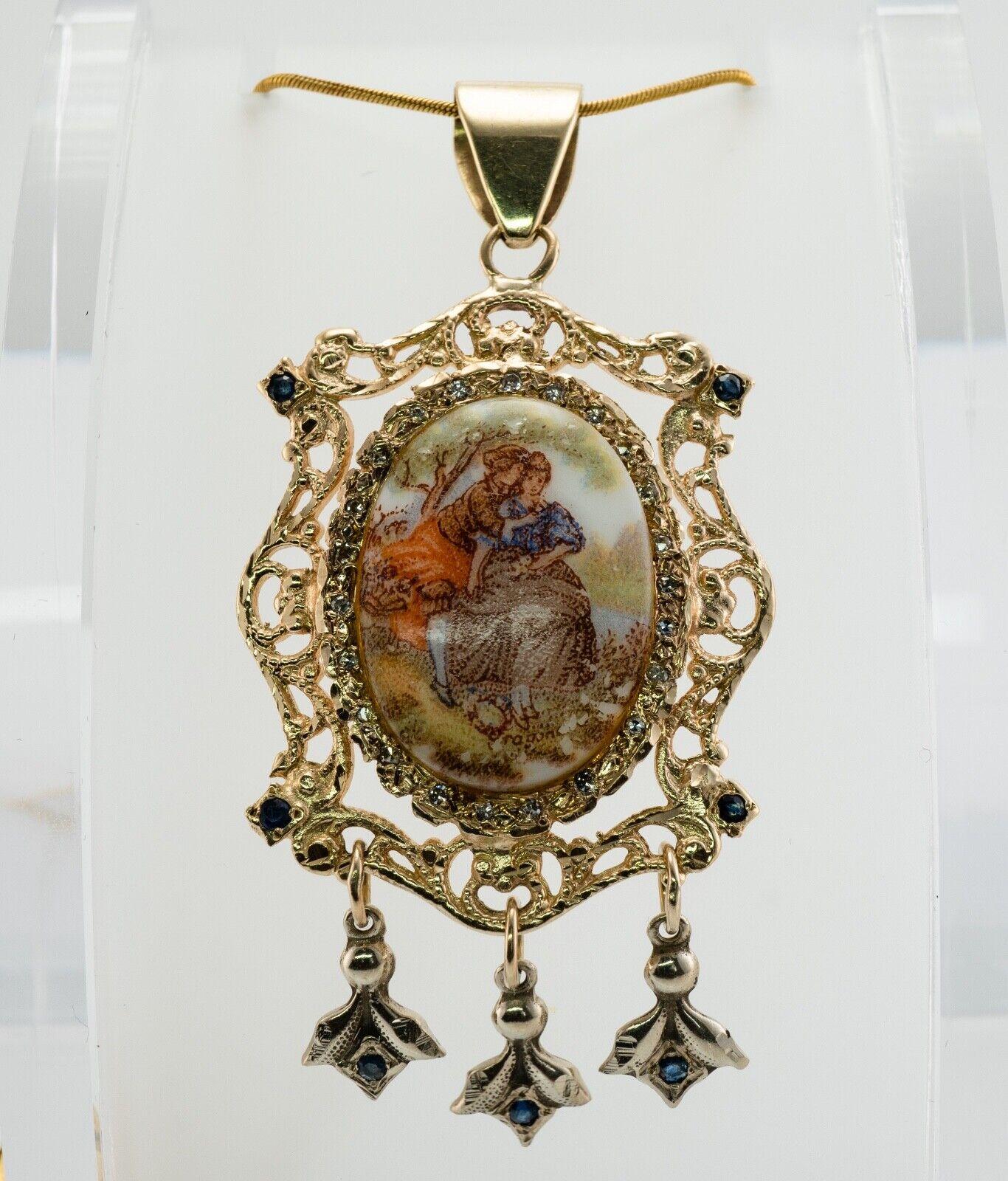 Colgante Camafeo Esmalte Diamante Zafiro Oro 14K Vintage en venta 1