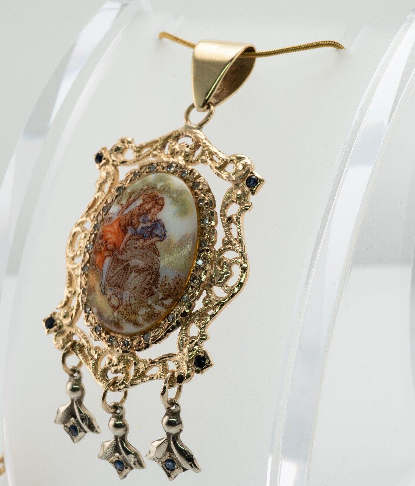 Colgante Camafeo Esmalte Diamante Zafiro Oro 14K Vintage en venta 2