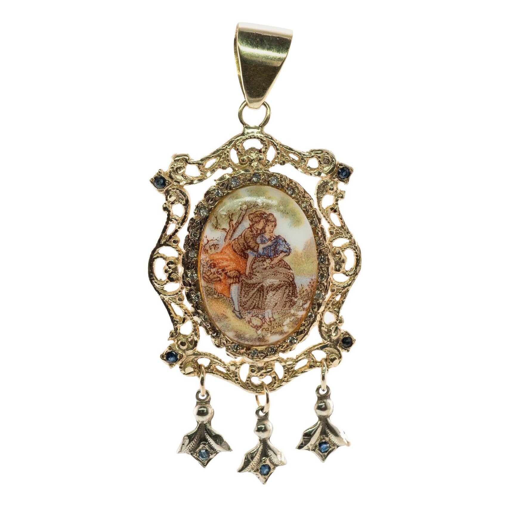 Colgante Camafeo Esmalte Diamante Zafiro Oro 14K Vintage en venta