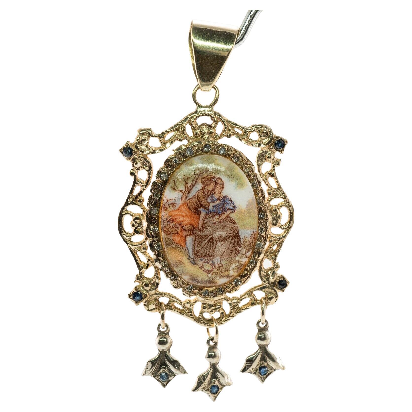 Enamel Diamond Sapphire Cameo Pendant 14K Gold Vintage