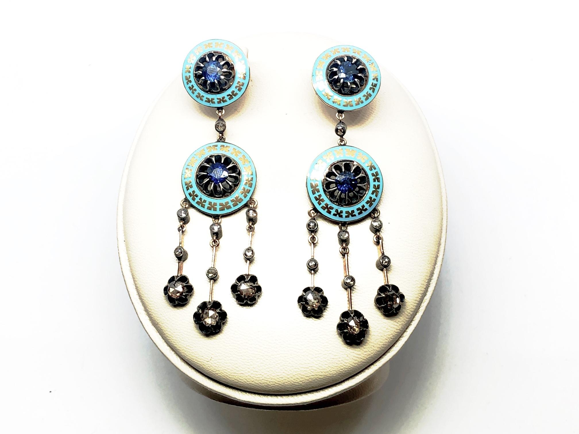 Women's or Men's Enamel, Diamond and Sapphire Drop Earrings