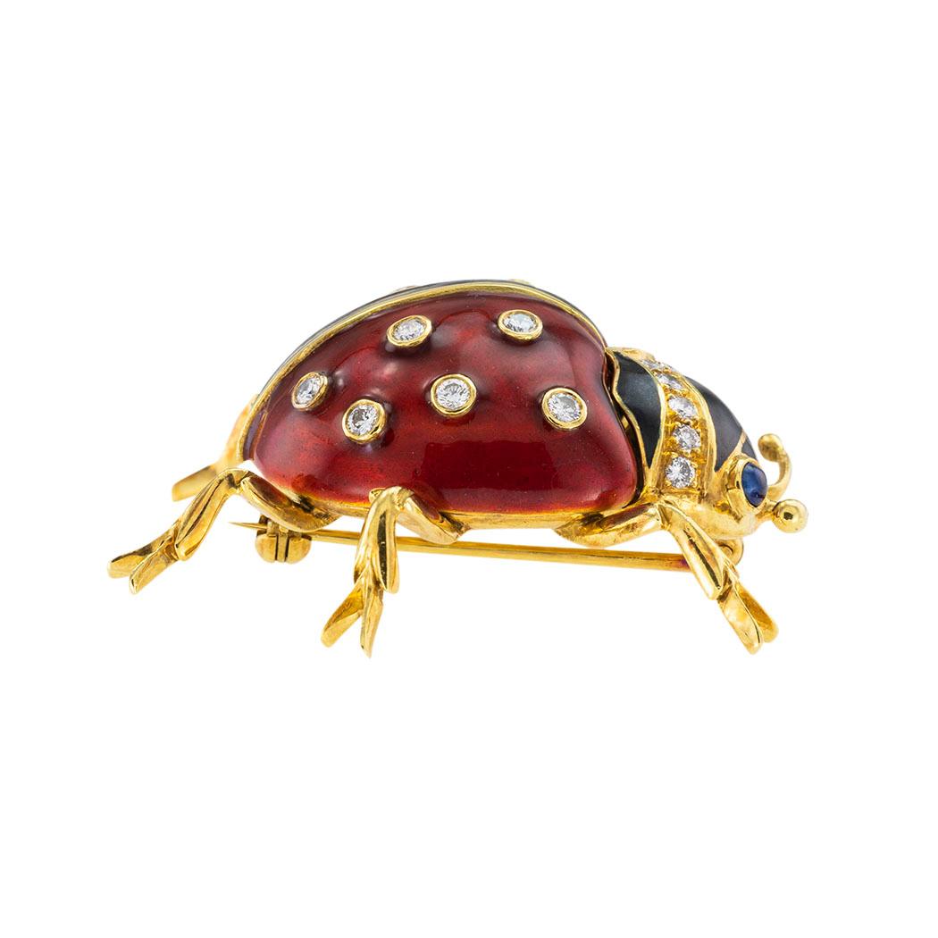 Taglio rotondo Spilla Coccinella in oro giallo con smalto e diamanti e zaffiri