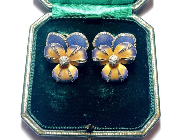 Enamel Diamond Silver Gold Pansy Earrings For Sale at 1stdibs