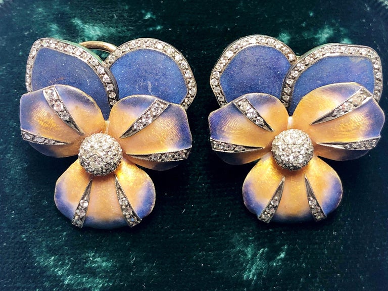 Enamel Diamond Silver Gold Pansy Earrings For Sale at 1stdibs