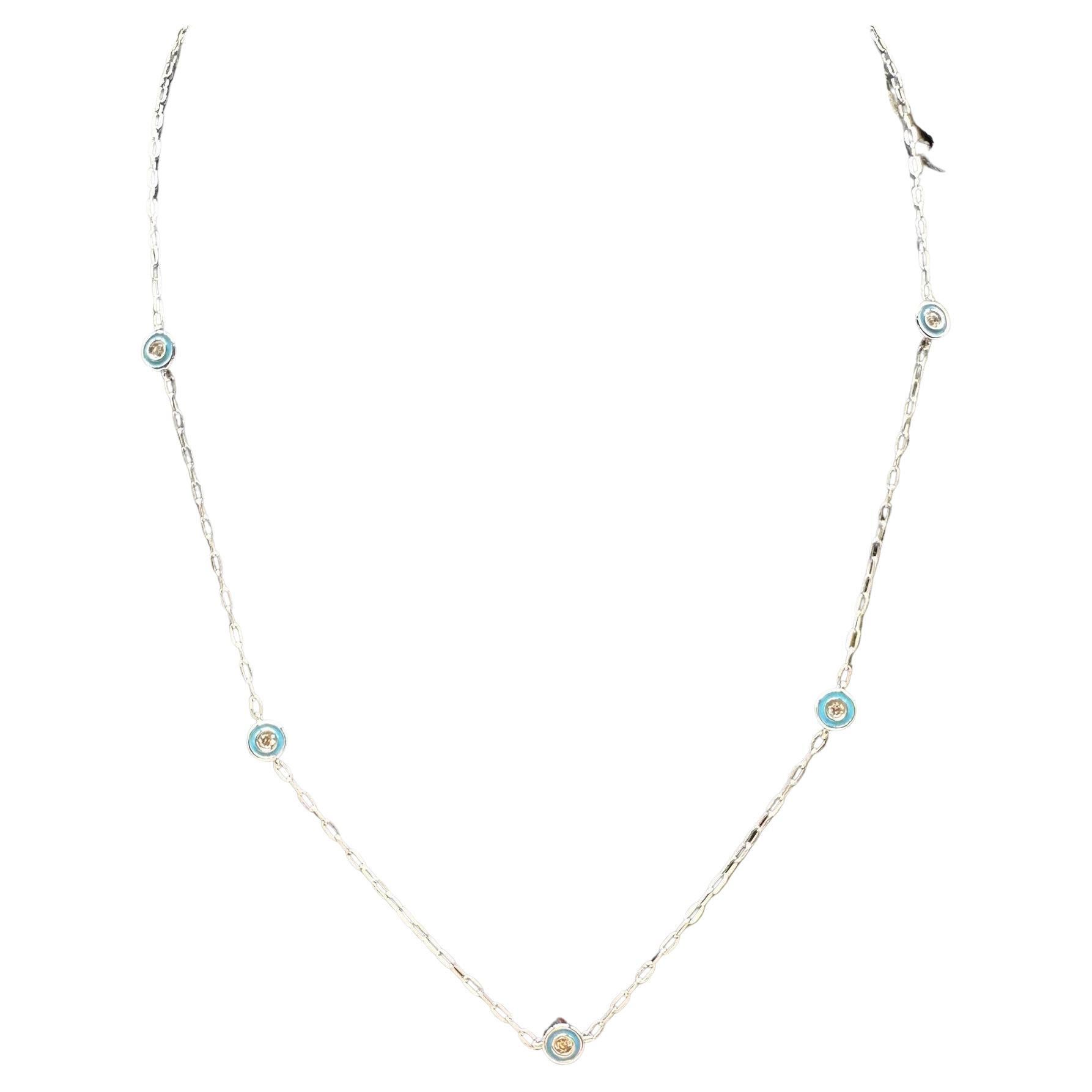 Enamel & Diamond Station Necklace in 10kt White Gold - 0.35ctw IJ I, 17", New For Sale