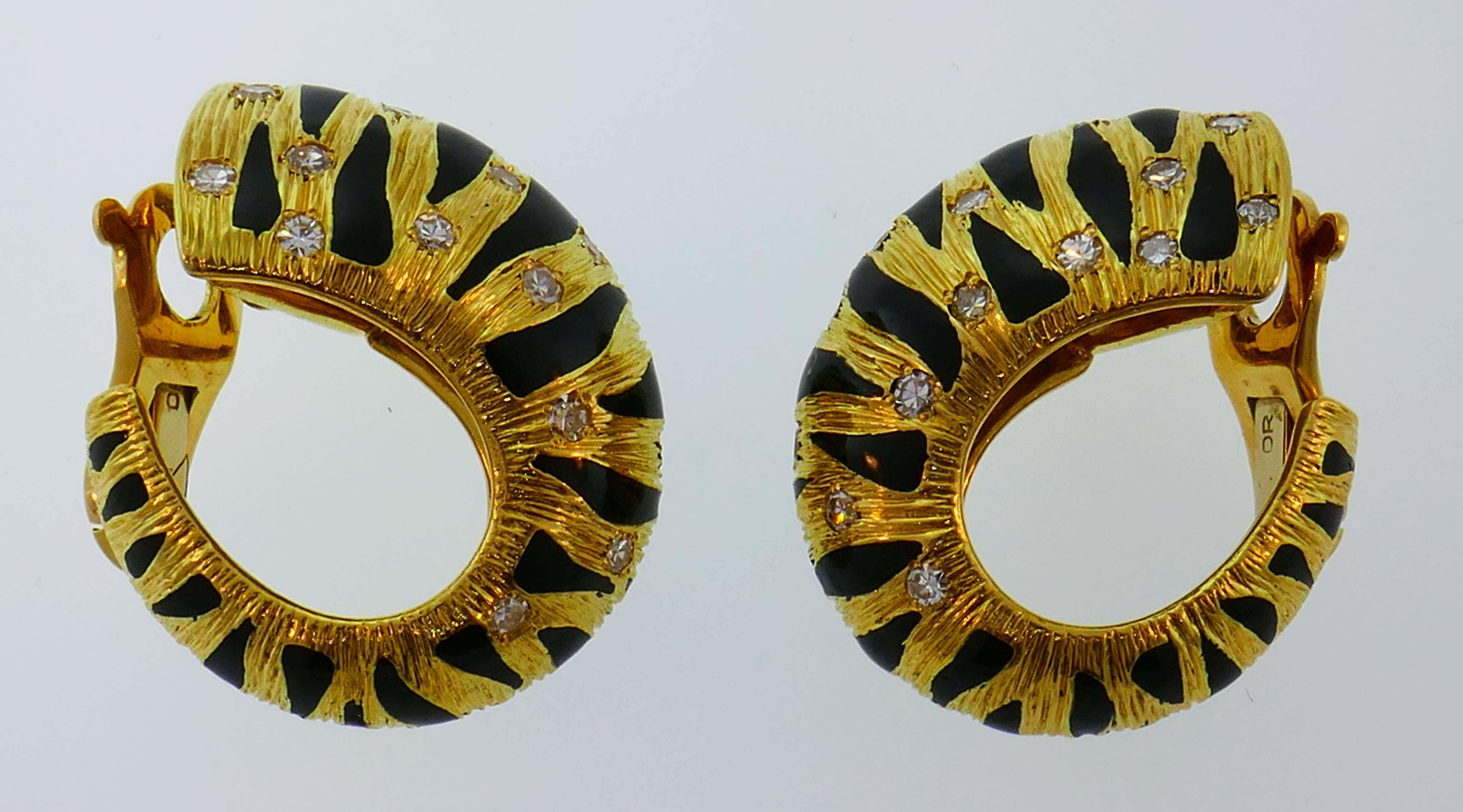 Women's Enamel Diamond Yellow Gold Hoop Earrings by Fred, Paris