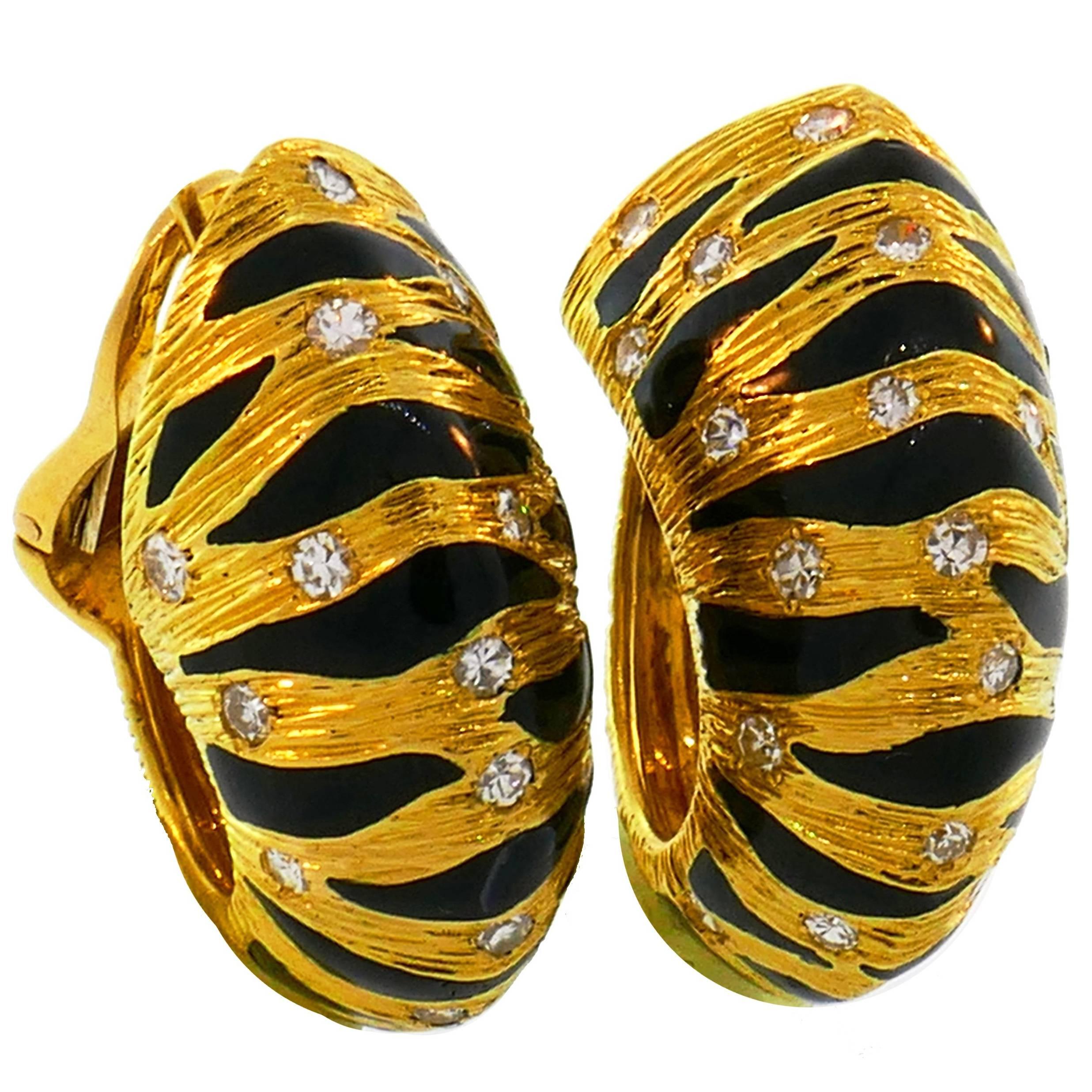 Enamel Diamond Yellow Gold Hoop Earrings by Fred, Paris