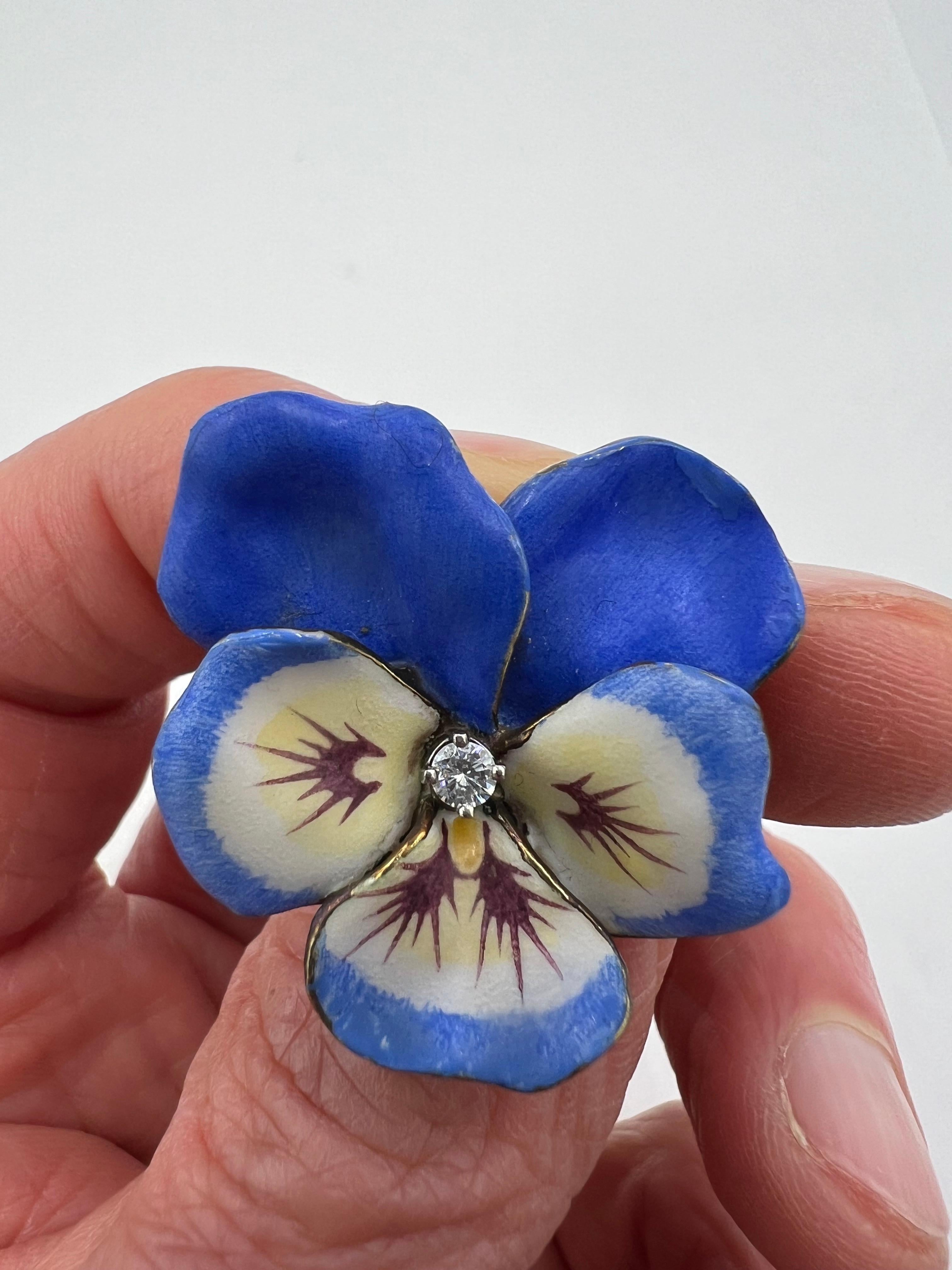 Enamel Diamond Yellow Gold Pansy Brooch  In Good Condition In Los Angeles, CA