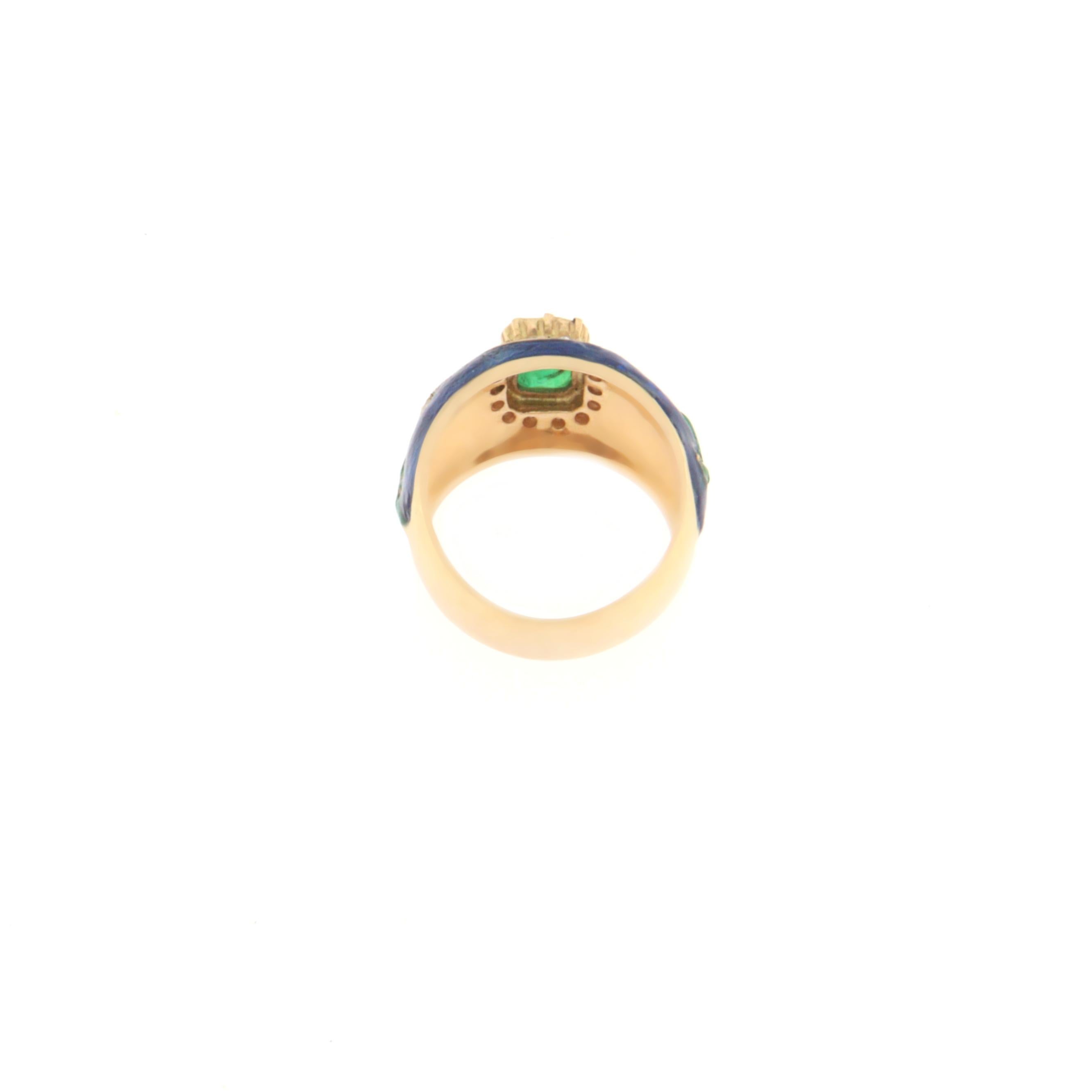 Brilliant Cut Enamel Diamonds Emerald Yellow Gold 14 Karat Cocktail Ring For Sale