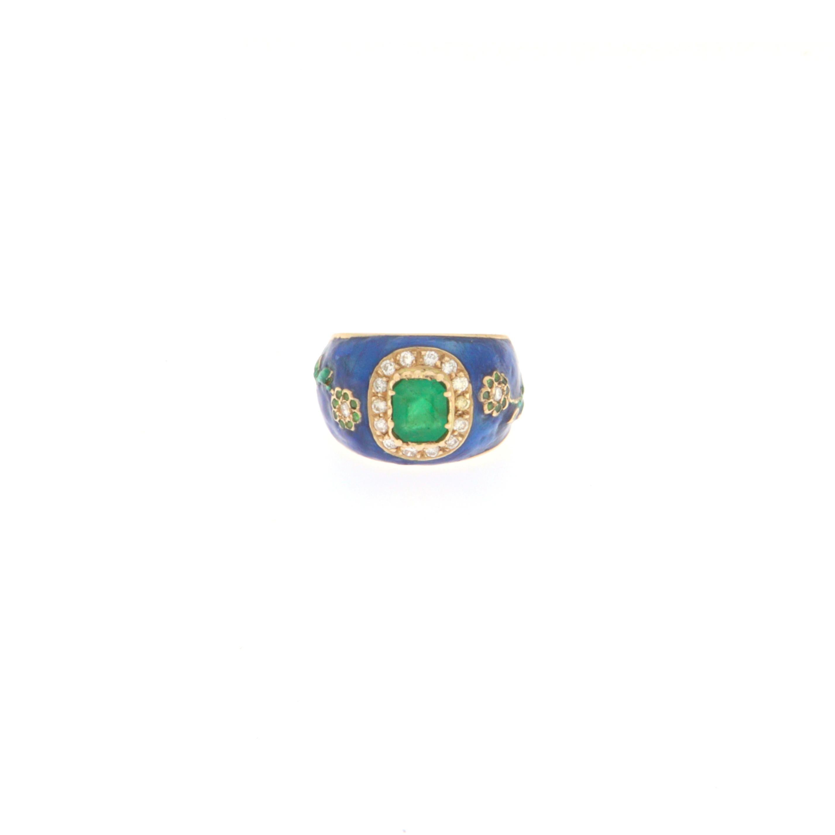 Women's Enamel Diamonds Emerald Yellow Gold 14 Karat Cocktail Ring For Sale