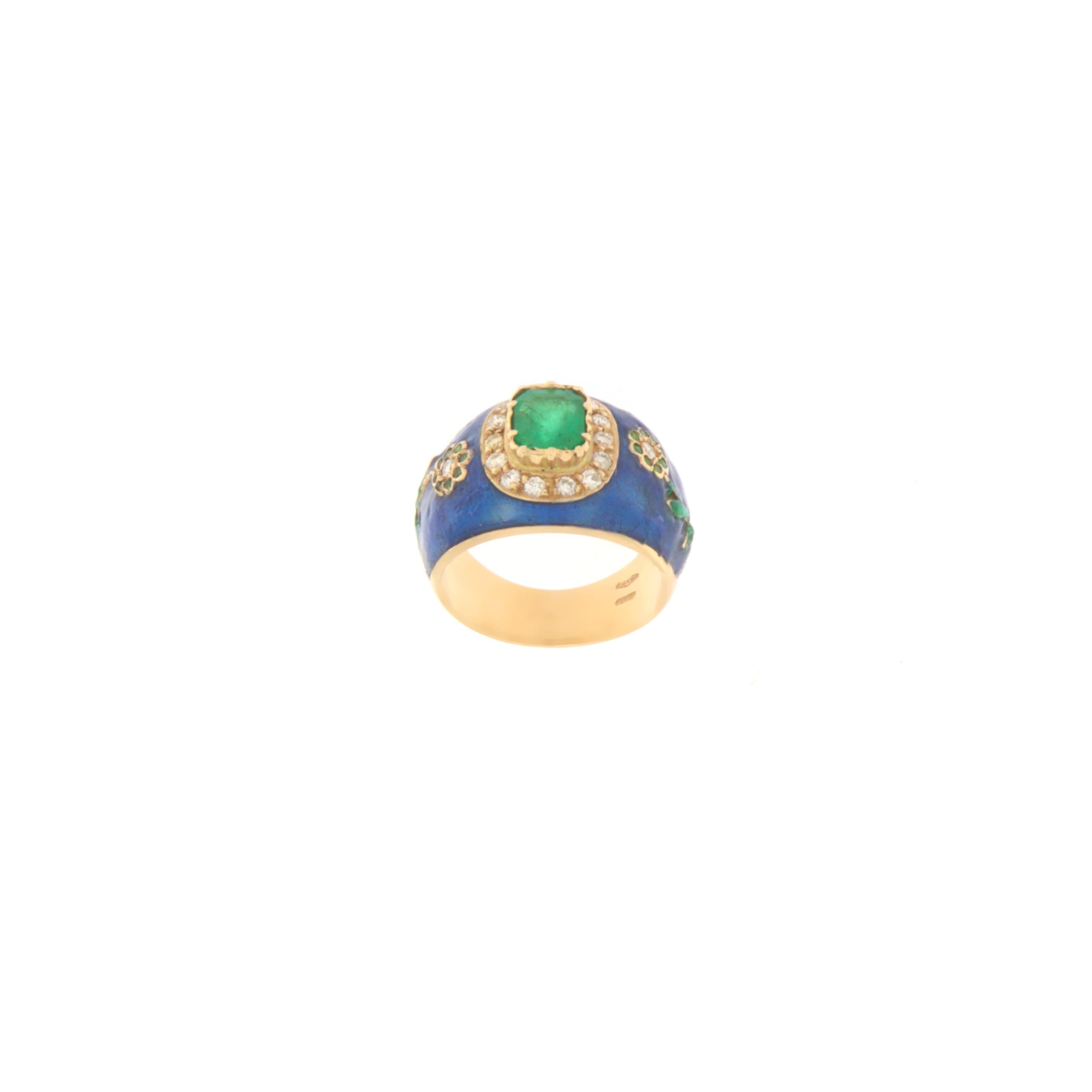 Enamel Diamonds Emerald Yellow Gold 14 Karat Cocktail Ring For Sale 1