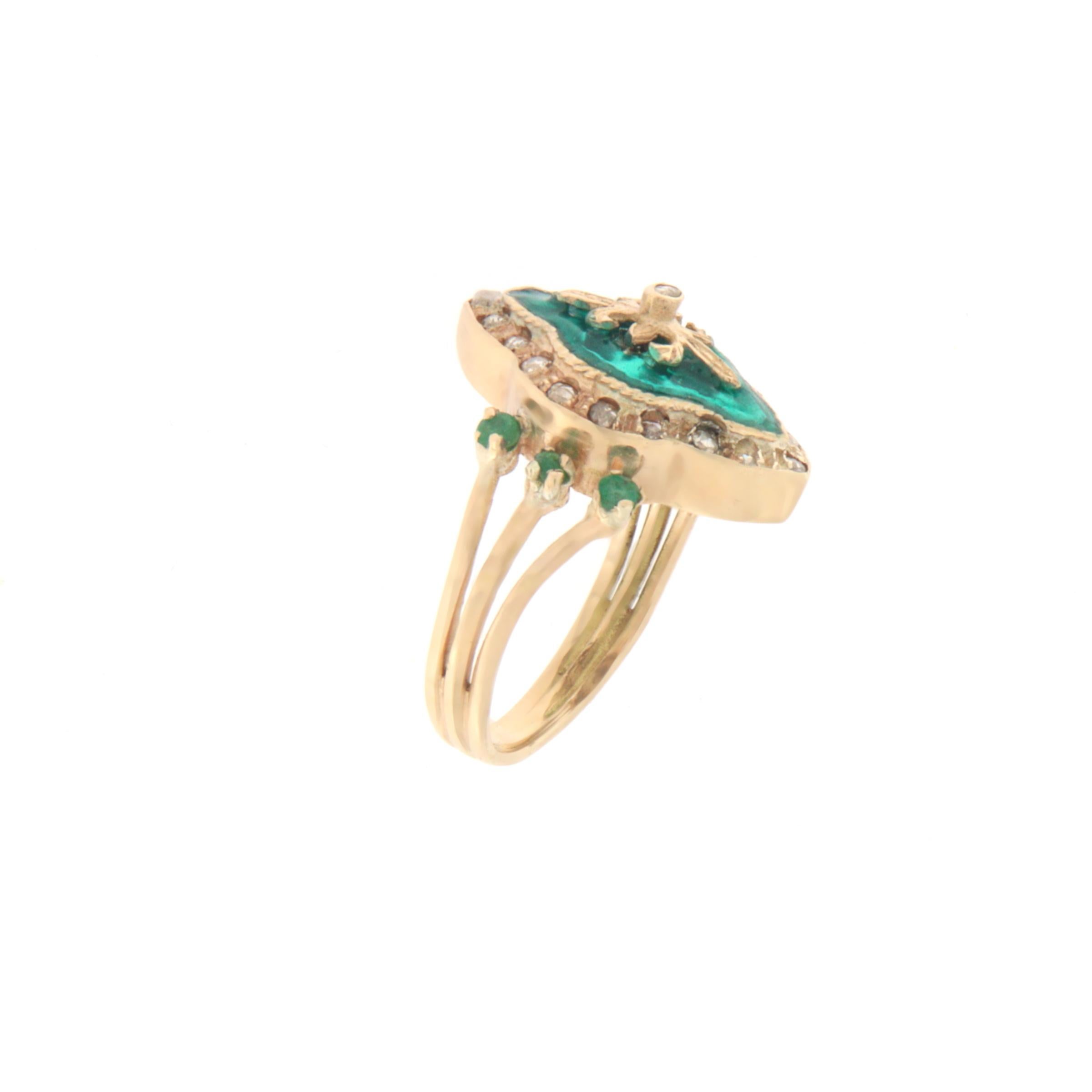 Retro Enamel Diamonds Yellow Gold 14 Carat Cocktail Ring For Sale