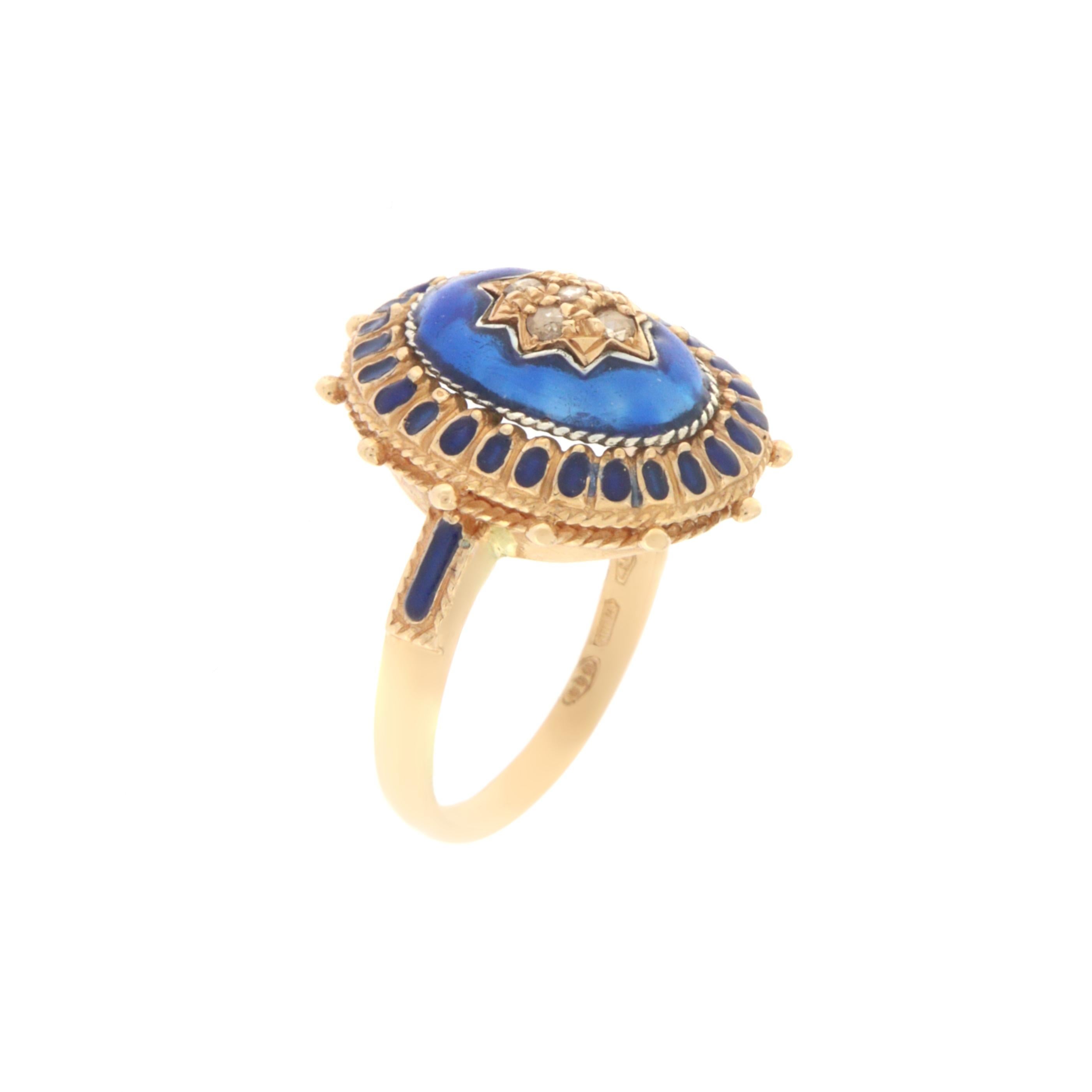 Retro Enamel Diamonds Yellow Gold 14 Carats Cocktail Ring For Sale