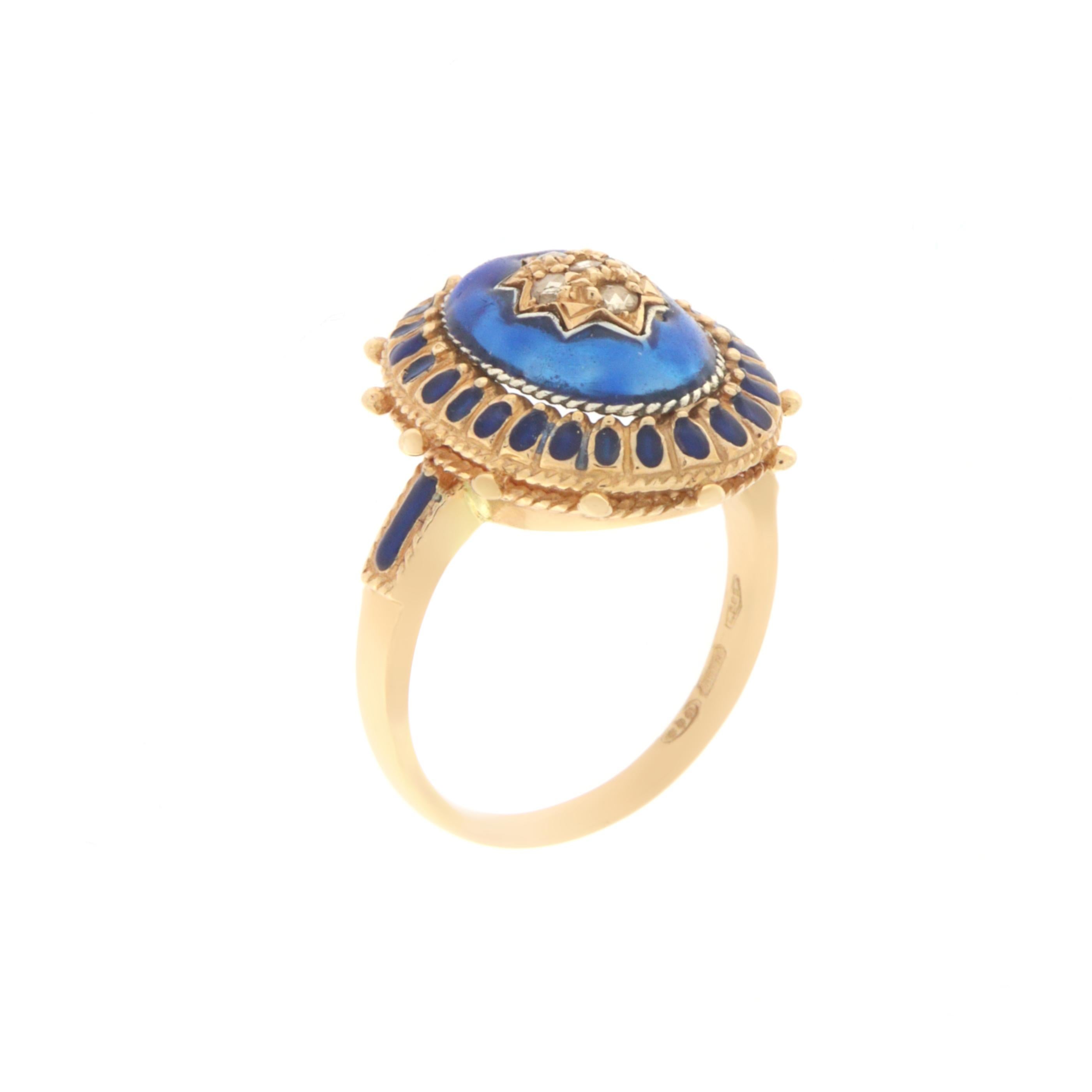 Rose Cut Enamel Diamonds Yellow Gold 14 Carats Cocktail Ring For Sale