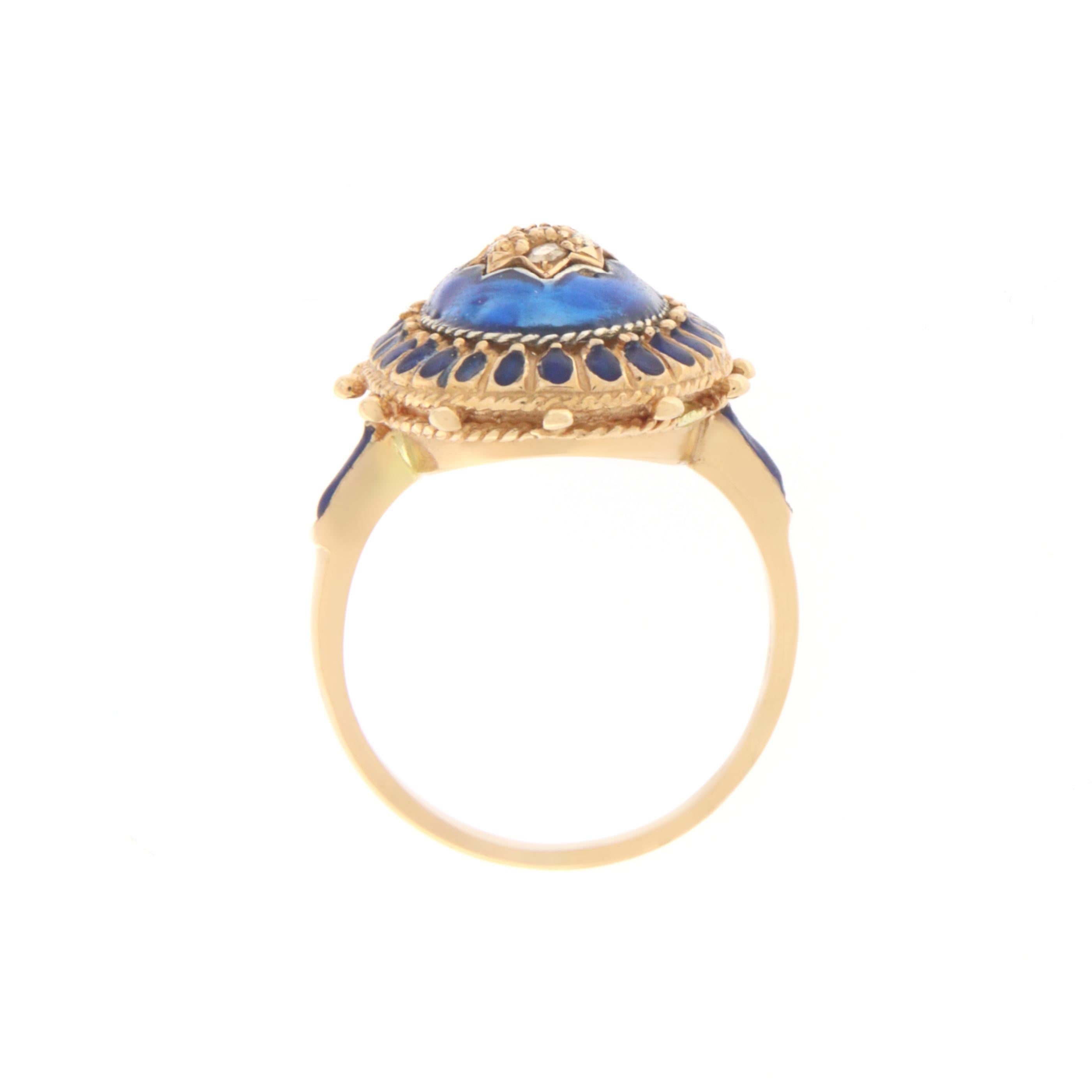 Enamel Diamonds Yellow Gold 14 Carats Cocktail Ring In New Condition For Sale In Marcianise, IT