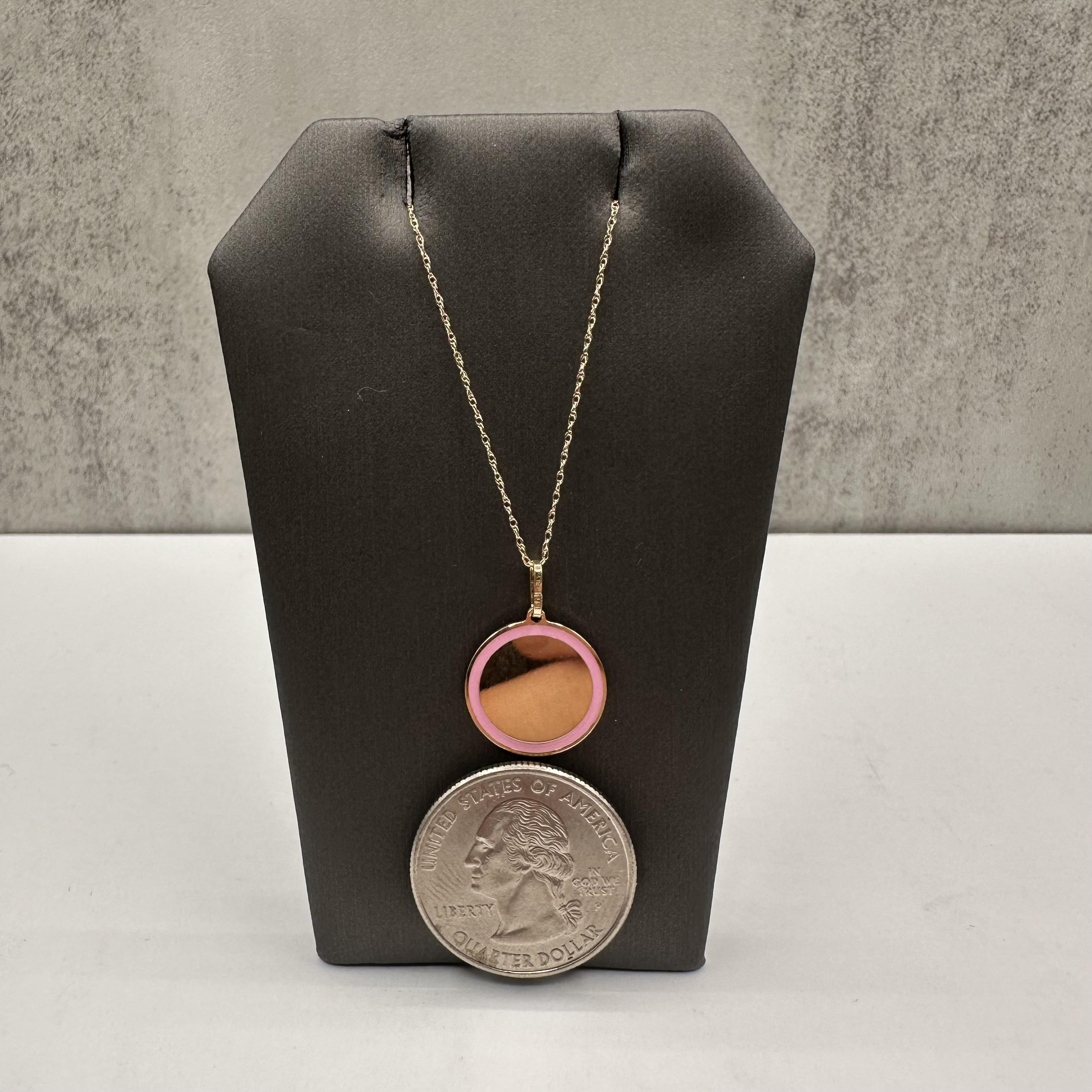 Donna Collana con disco smaltato in oro giallo 14kt - smalto rosa, lunghezza 18