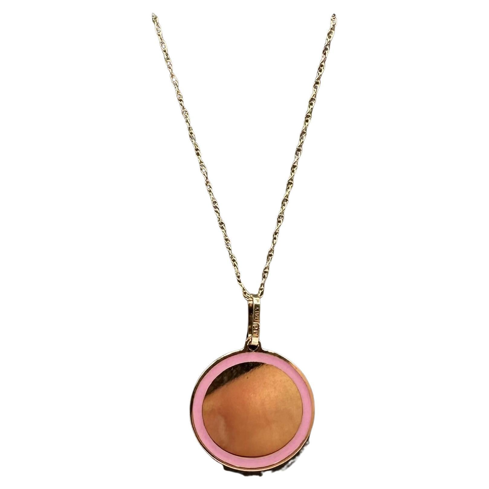 Enamel Disc Necklace in 14kt Yellow Gold – Pink Enamel, 18" Length, 1.9 Grams