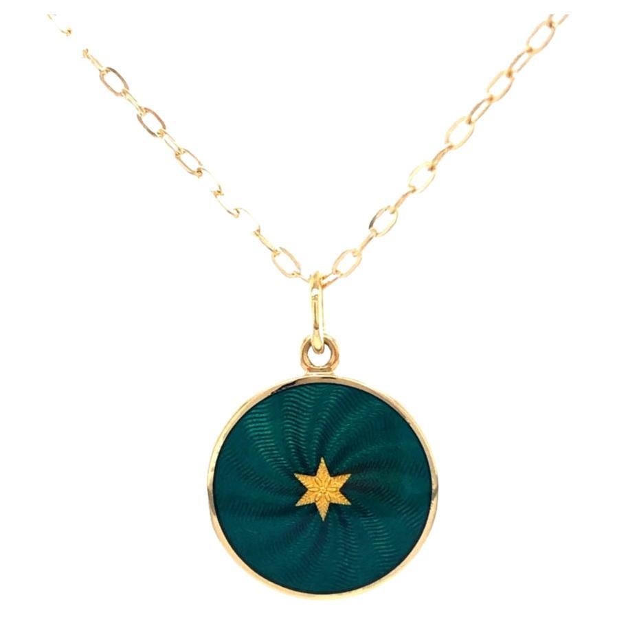 Round Disk Pendant Necklace 18k Yellow Gold Emerald Green Enamel Guiolloche