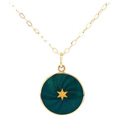 Enamel Disc Pendant Necklace 18k Yellow Gold Emerald Green Enamel with Star