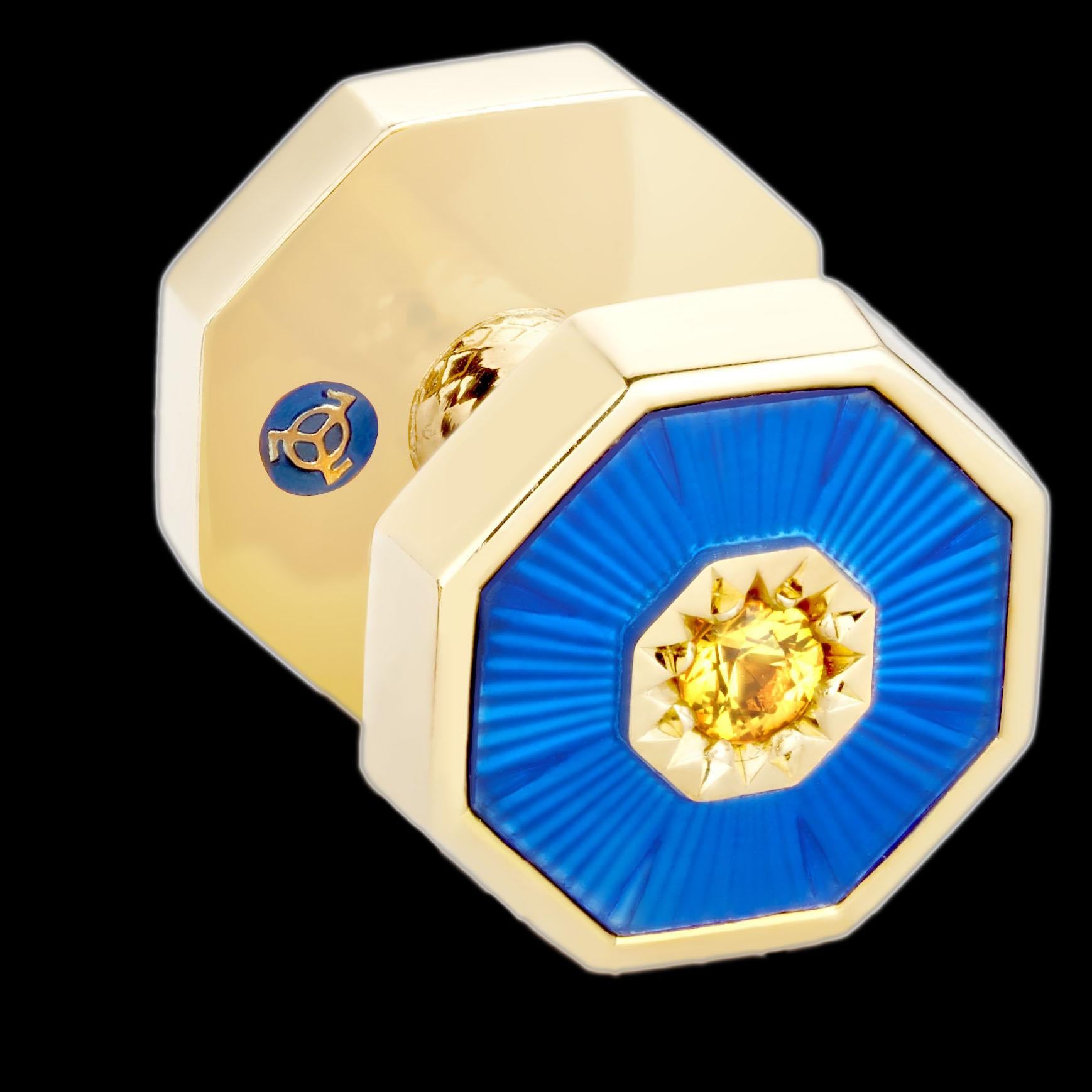 Contemporary 18 Karat Yellow Gold Sapphires Guilloche Enamel Dome Double-Sided Cufflinks For Sale