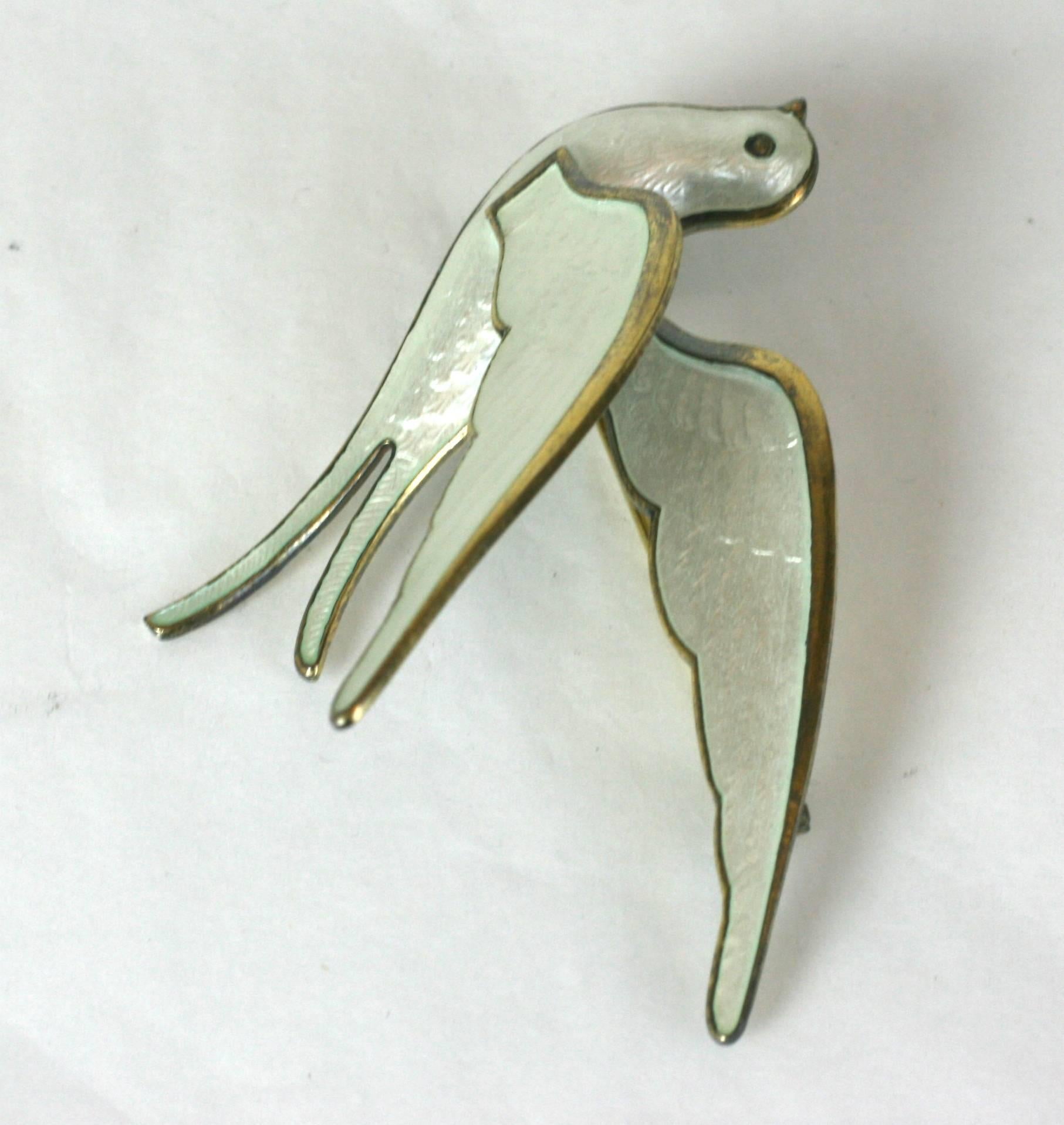 Lovely White Enamel Dove Brooch by Bernard Meldahl, Oslo, Norway. Circa 1950. 
Made of Sterling silver with a gold wash and pristine white enamel.
Excellent condition and nice scale. 
2