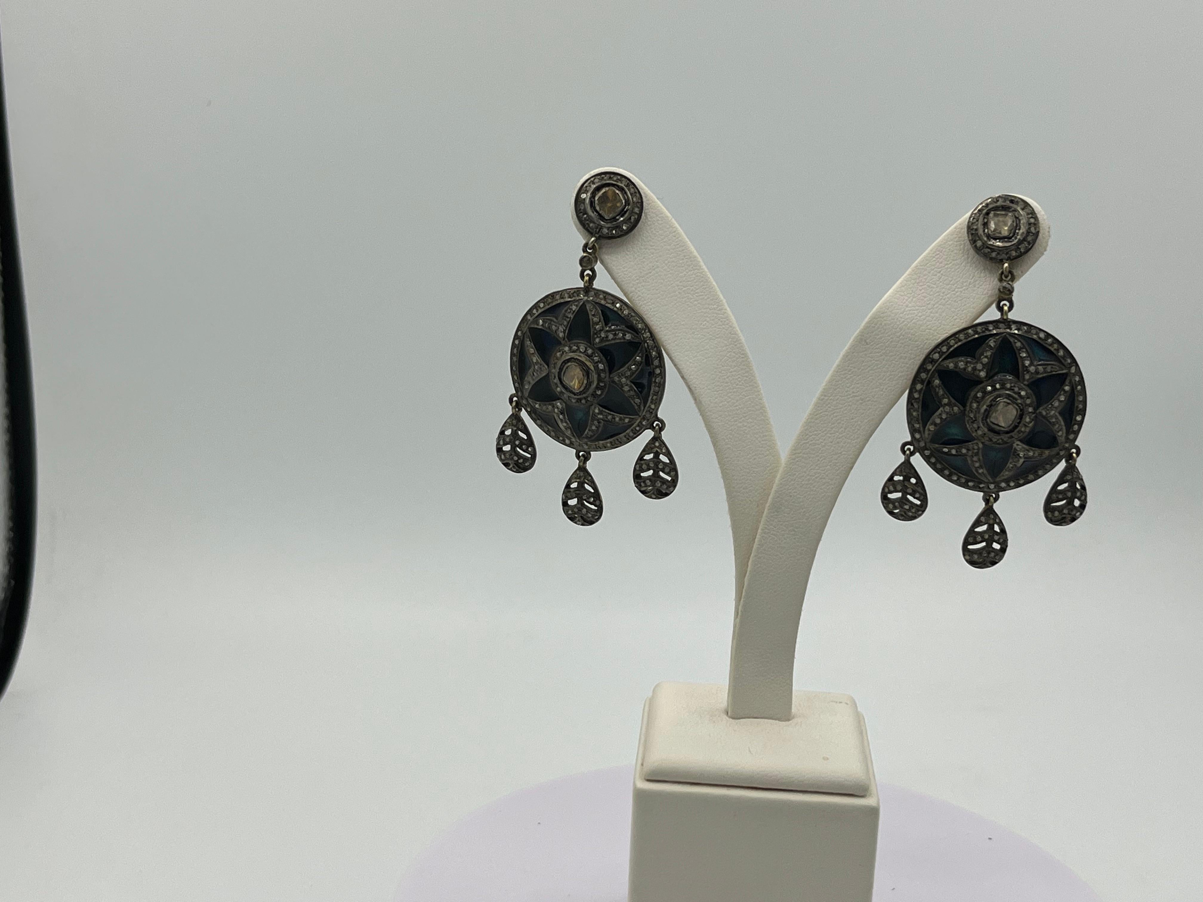 Enamel Earrings with Old Cut Diamond in Silver For Sale 3